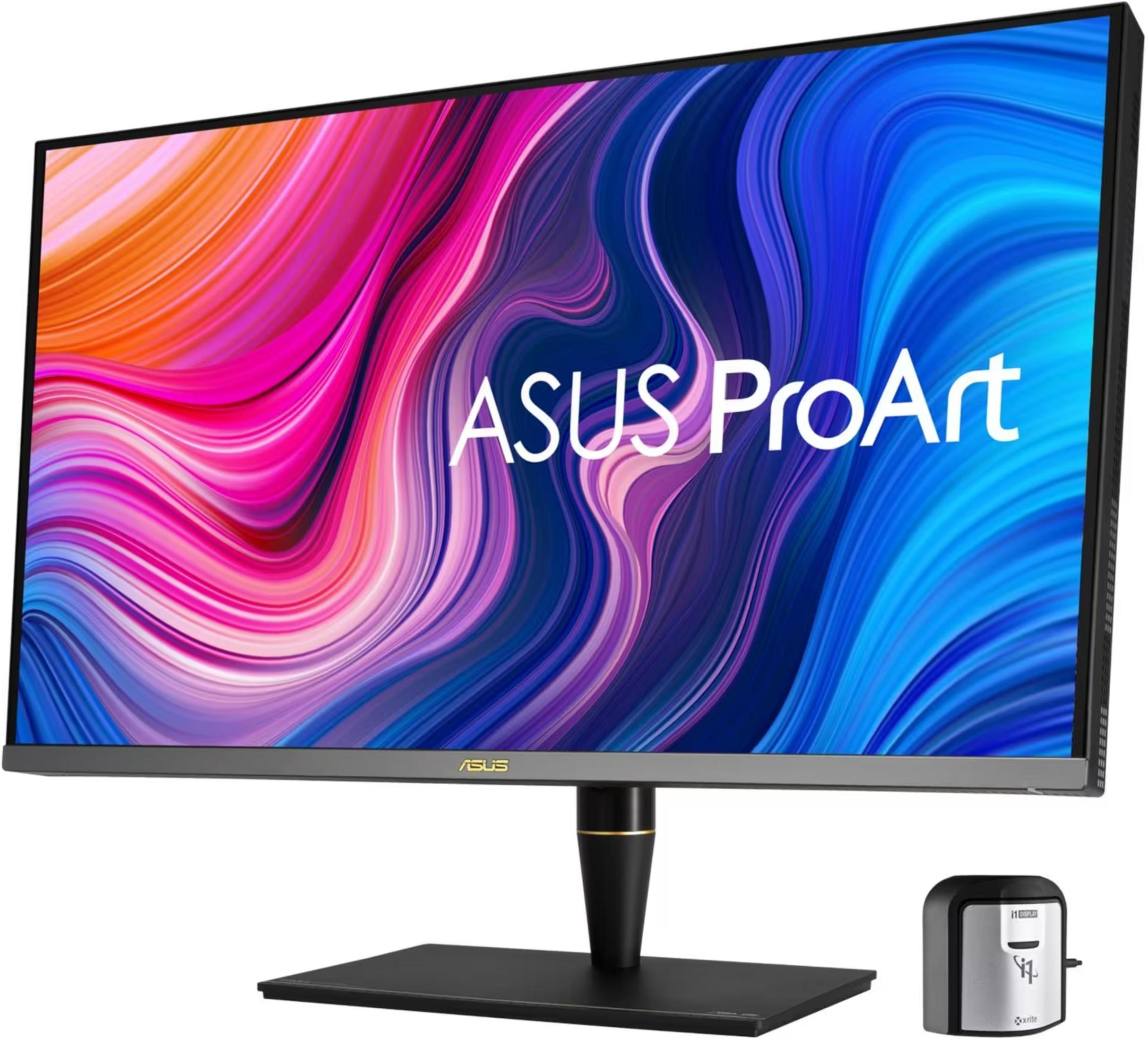Een ASUS ProArt monitor met een kleurrijke achtergrond en een X-Rite kalibrator.