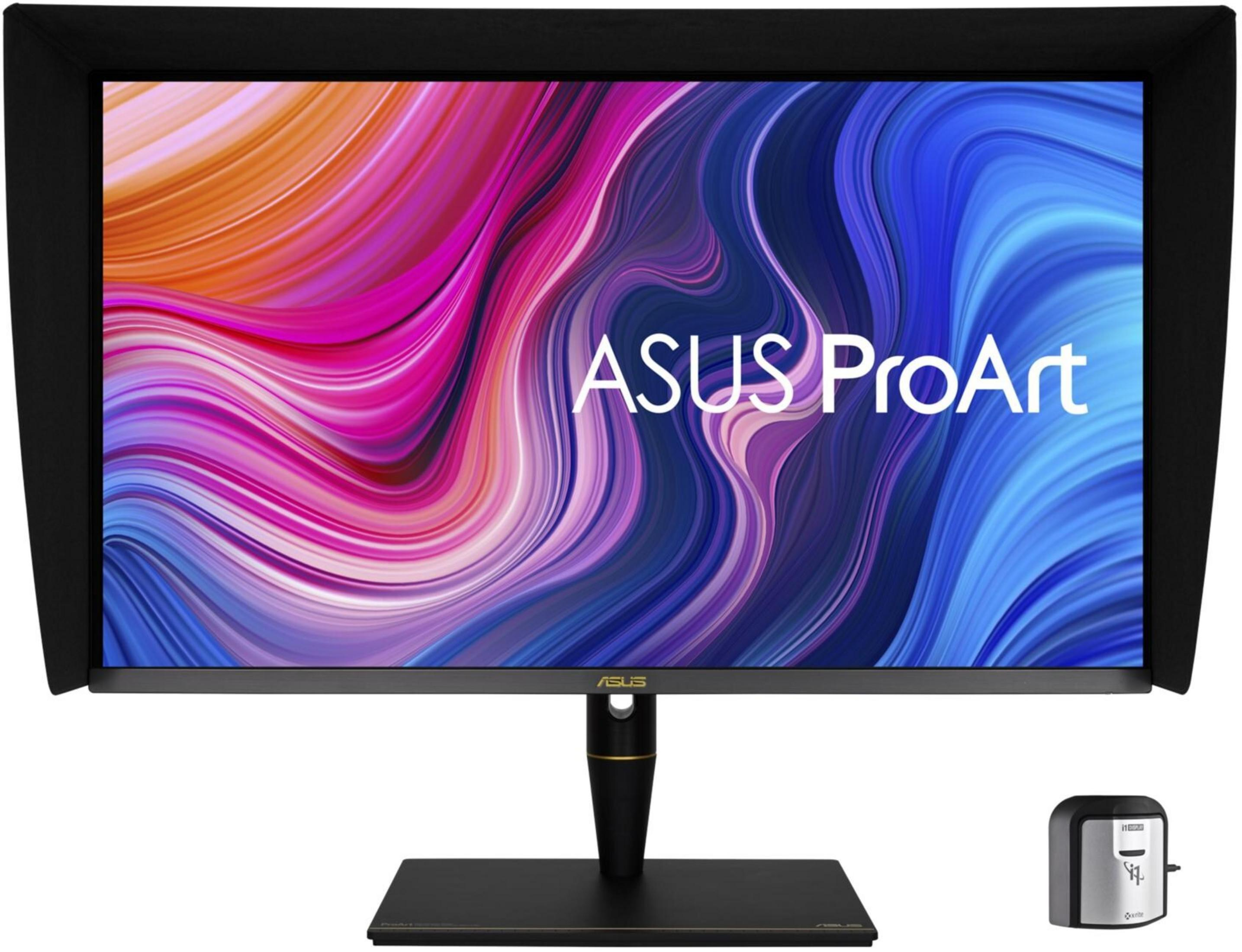 ASUS ProArt monitor met kleurrijke gradiënt achtergrond en kalibratieapparaat.
