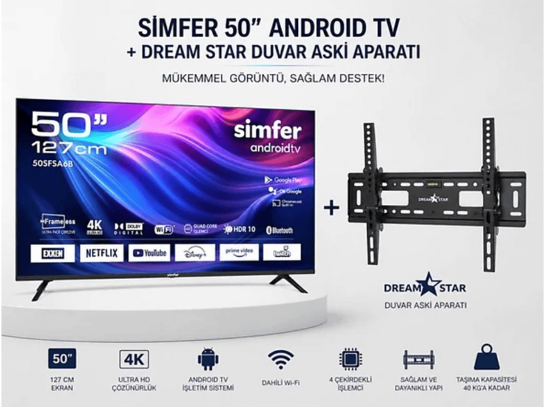 SIMFER Duvar Askı Aparatı ve 50SFSA6B 4K Ultra Hd Android 50 inç 127 cm WXGA+ SMART TV LED TV