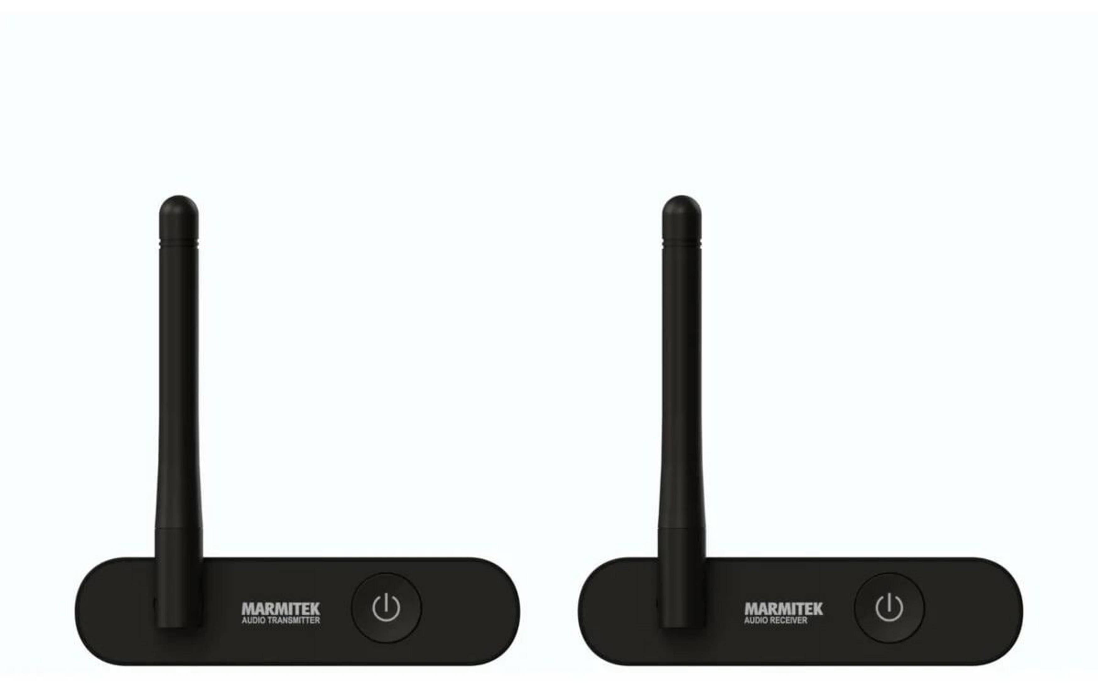 Zwei schwarze Marmitek Audio-Geräte mit Antennen und Power-Symbolen.