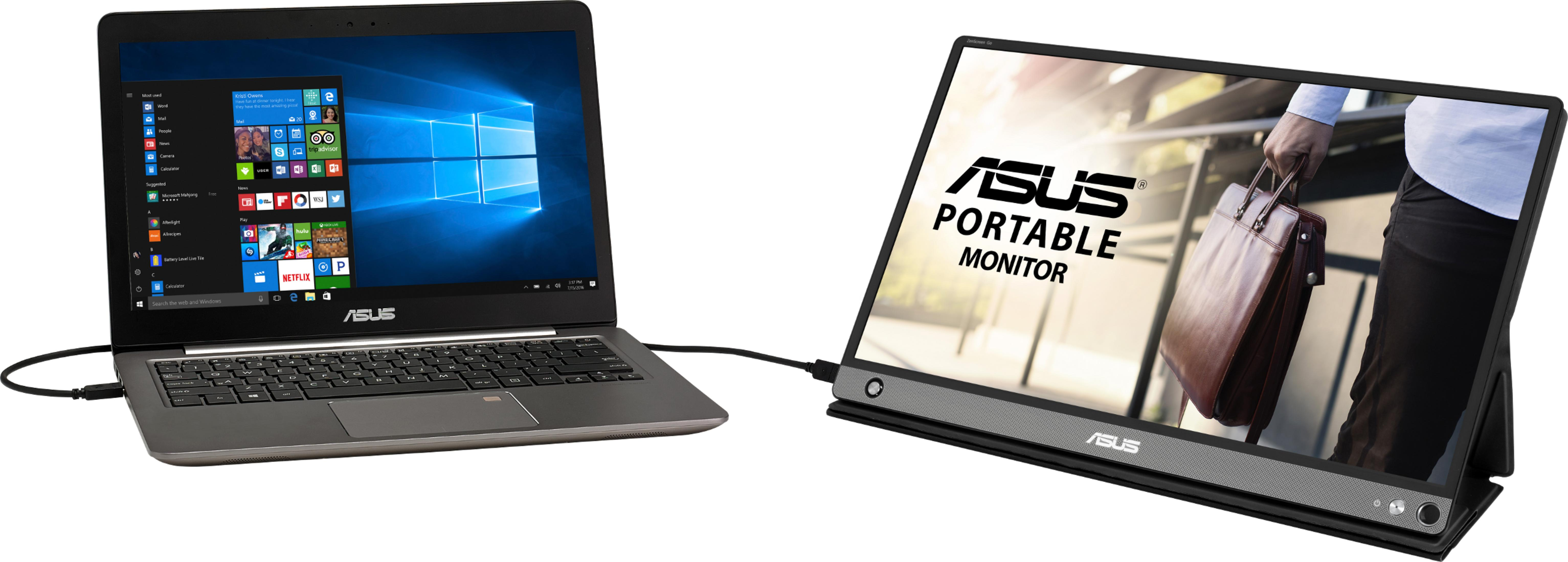 Ein Laptop mit Windows-Betriebssystem, verbunden mit einem ASUS-Portabelmonitor, der eine Anzeige zeigt.