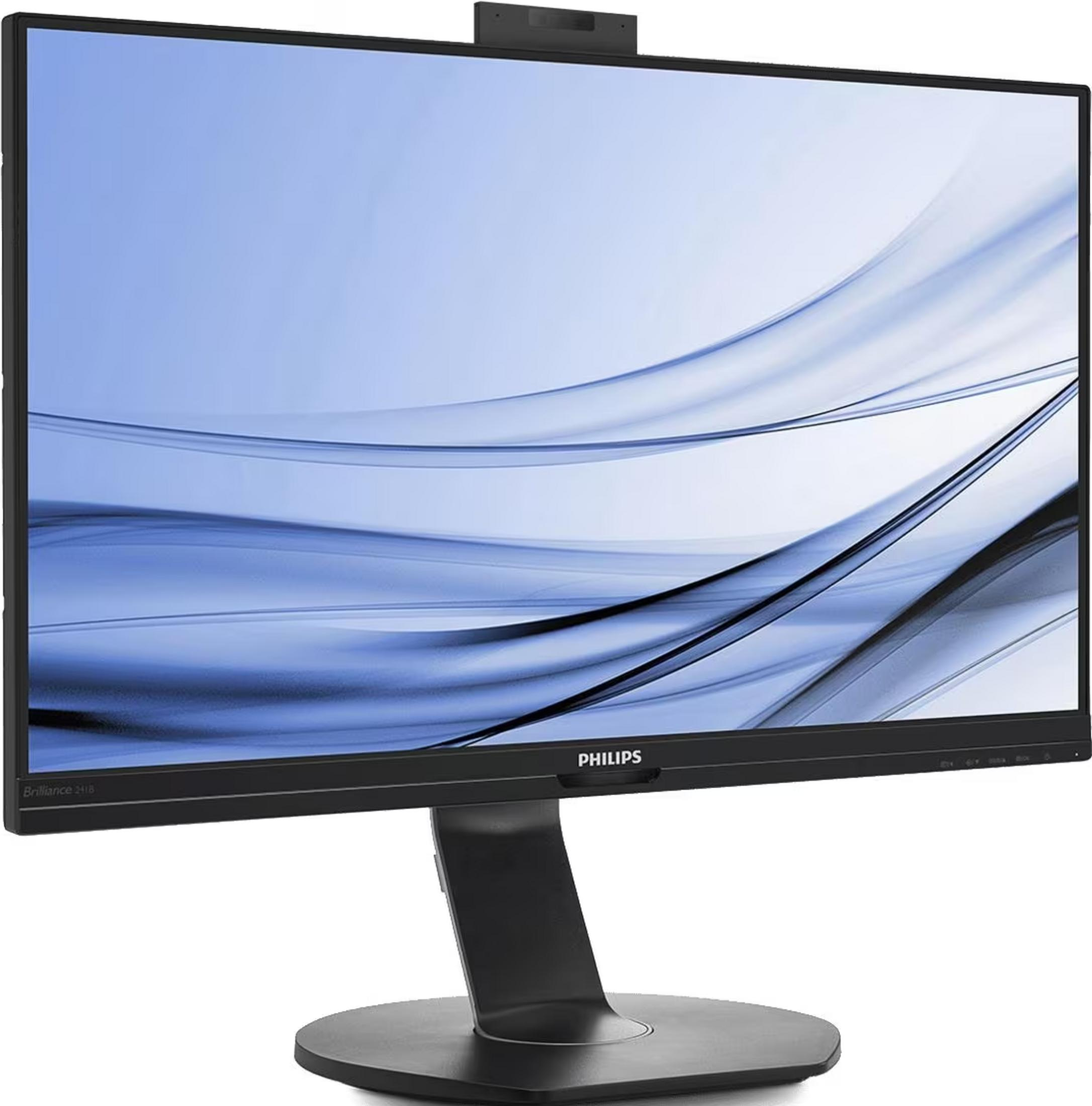 Un monitor Philips negro con una cámara web en la parte superior. La pantalla muestra ondas azules.