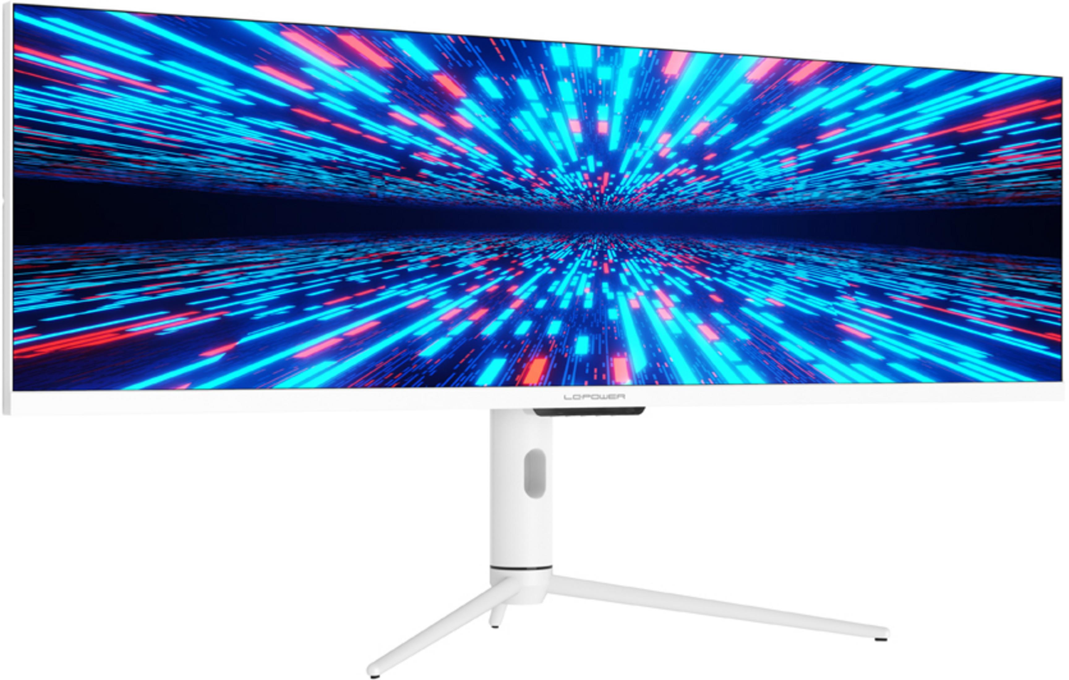 Ein weißer Monitor zeigt ein abstraktes Muster aus blauen und roten Linien.