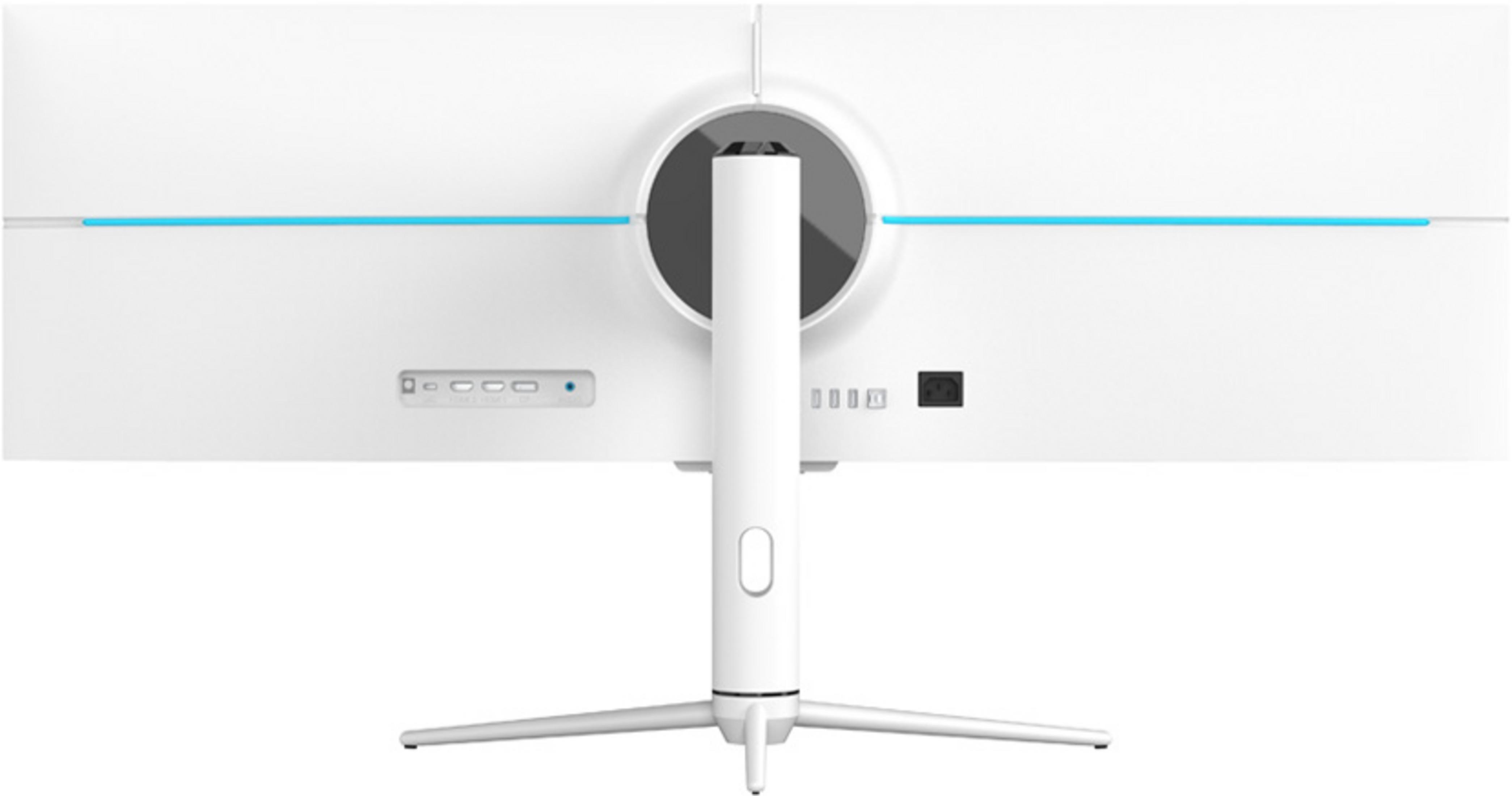 Rückseite eines weißen Monitors mit blauem Streifen und Anschlüssen.