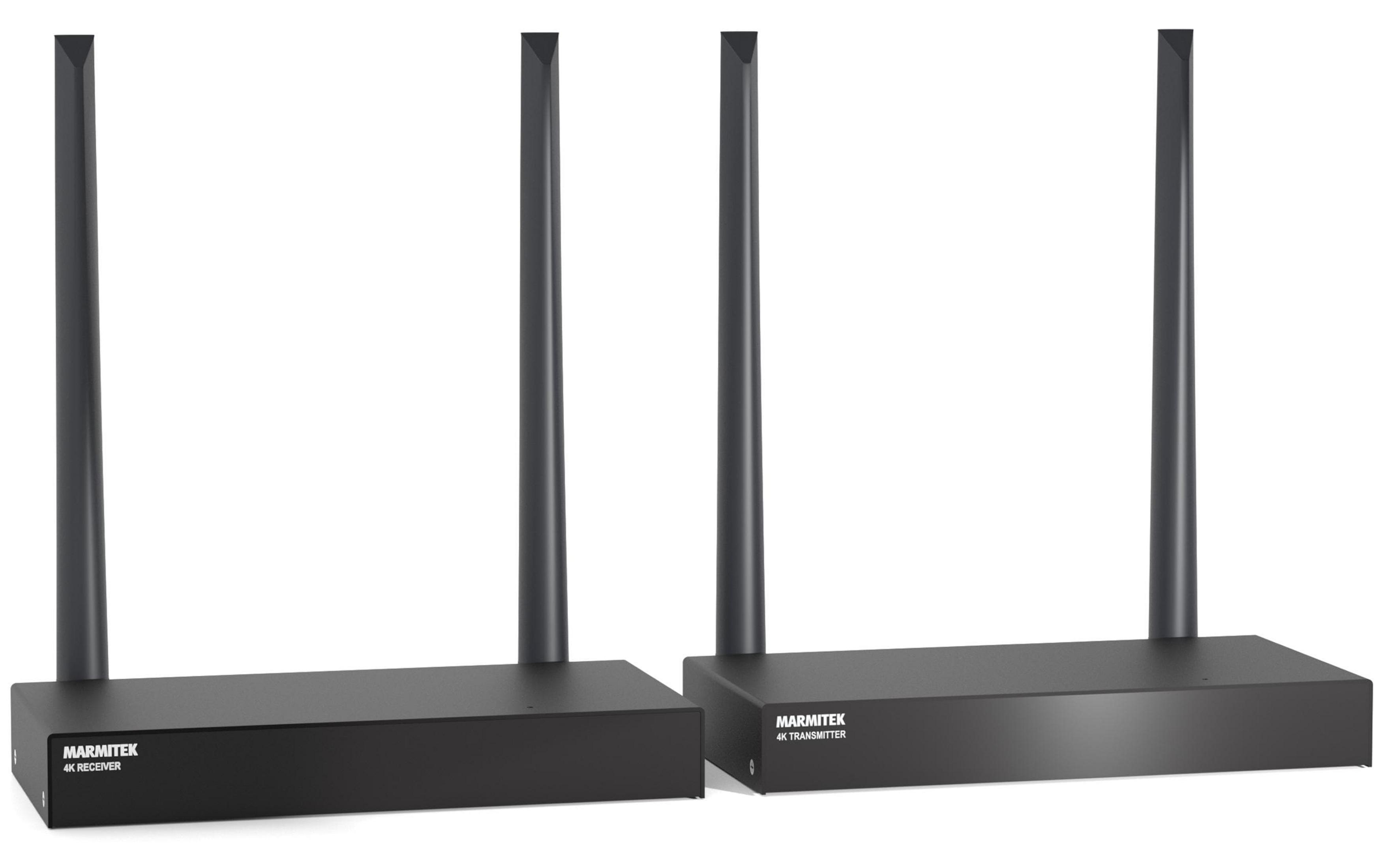 Zwei schwarze Marmitek 4K Empfänger und Sender mit Antennen auf weißem Hintergrund.