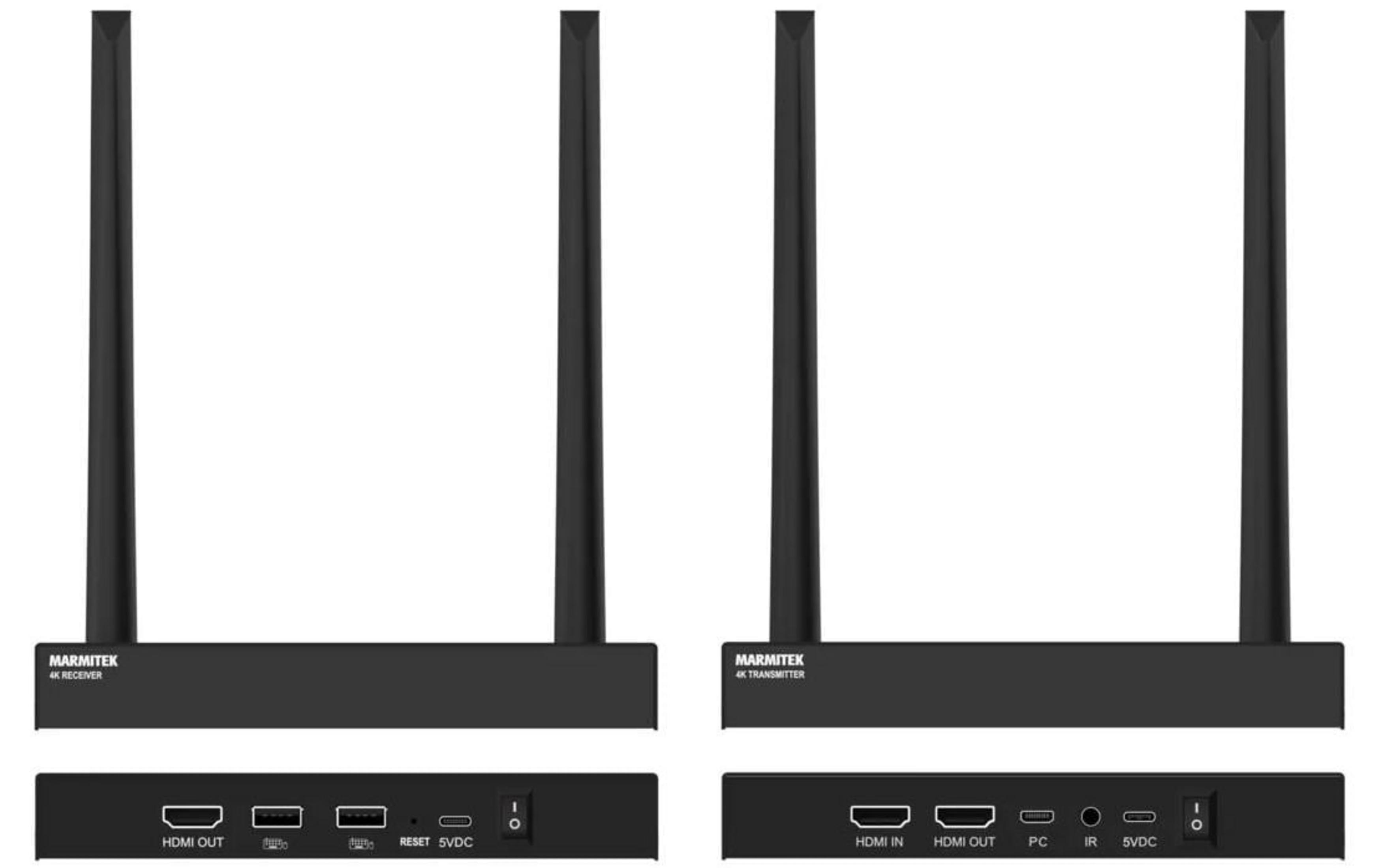 Zwei schwarze Marmitek 4K-Geräte, Sender und Empfänger, mit Antennen und Anschlüssen.