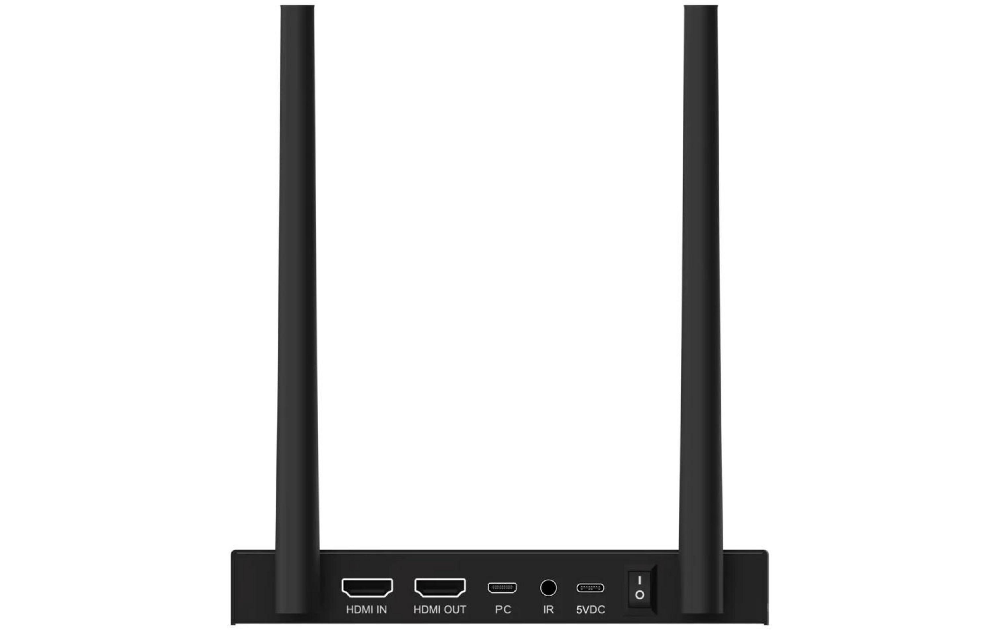 Schwarzes Gerät mit zwei Antennen und Anschlüssen: HDMI IN, HDMI OUT, PC, IR, 5VDC.