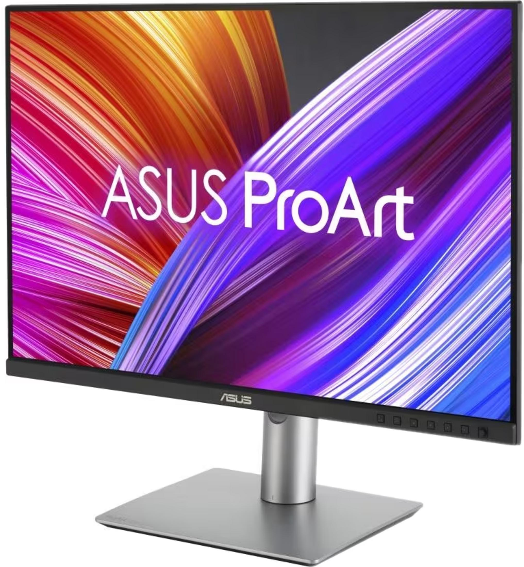 An ASUS ProArt monitor displaying a colorful abstract background on a silver stand.