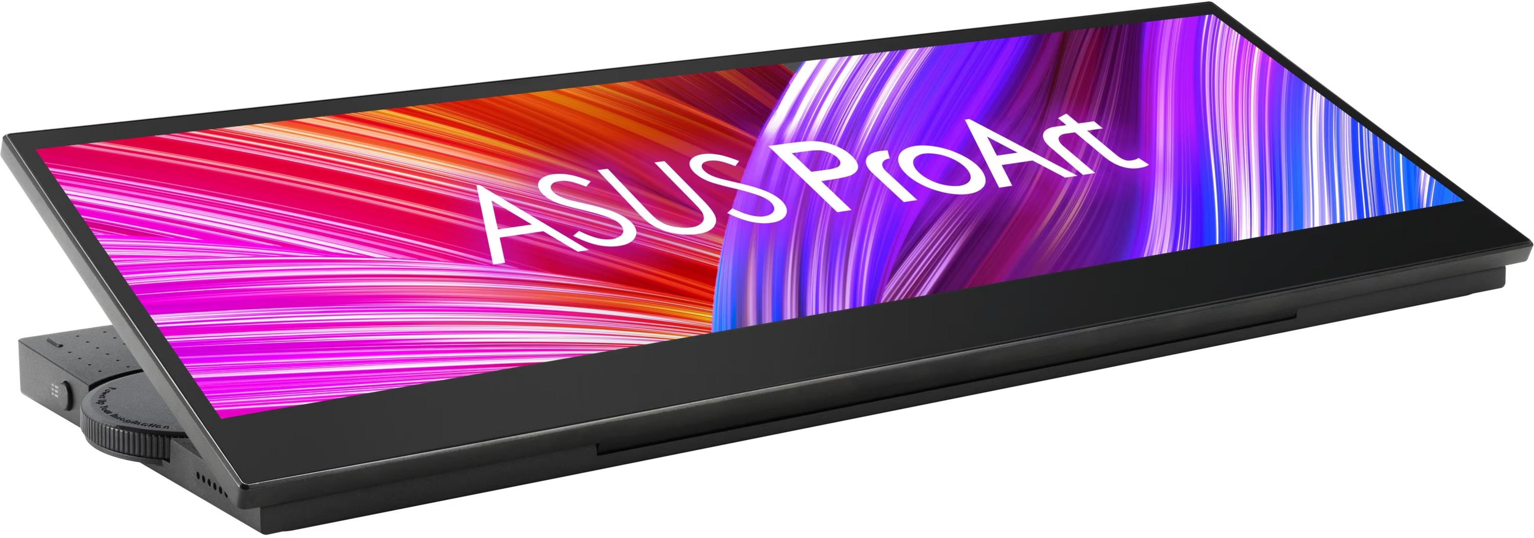 Un moniteur portable ASUS ProArt avec un écran de fond rayé et vibrant.