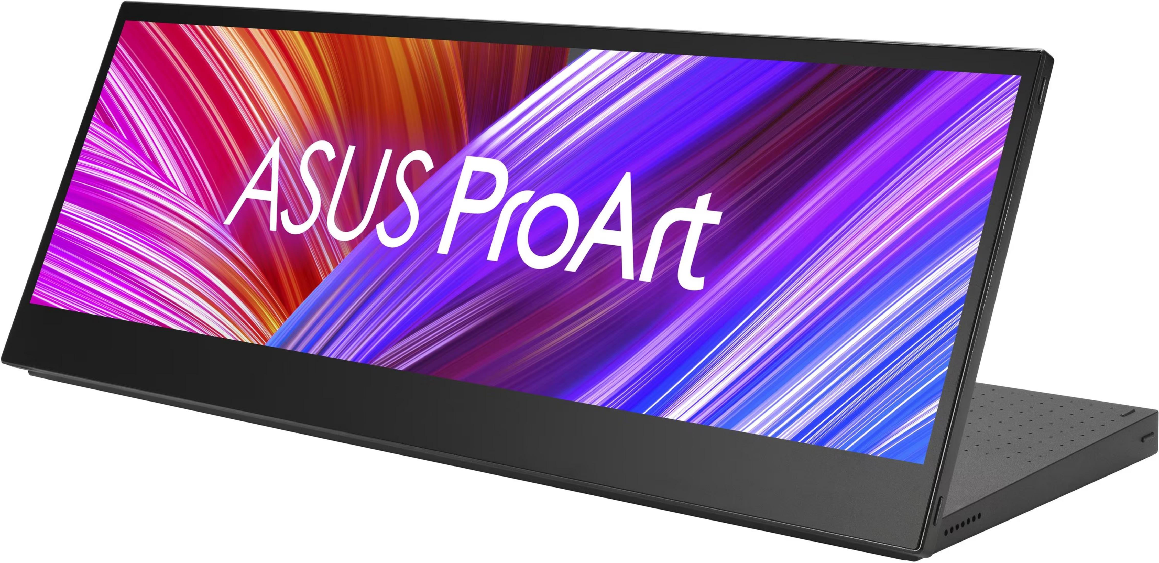 Un moniteur ASUS ProArt noir affichant un graphique de fond coloré.