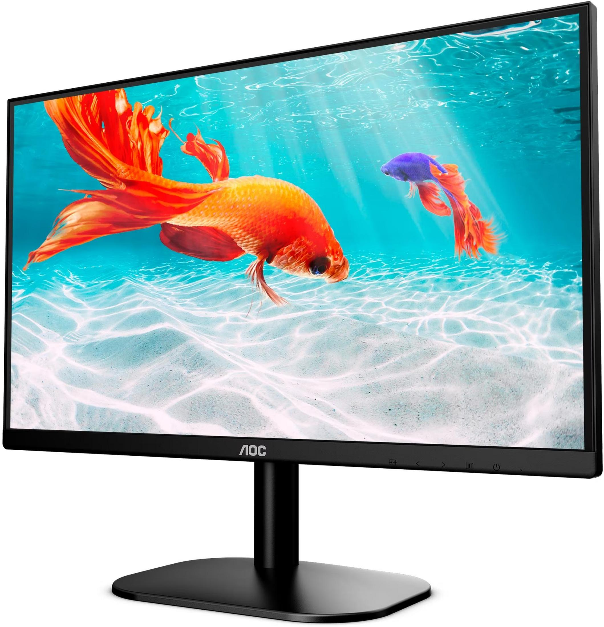 Ein schwarzer AOC-Monitor zeigt zwei Kampffische, die in blauem Wasser über einem sandigen Meeresboden schwimmen.