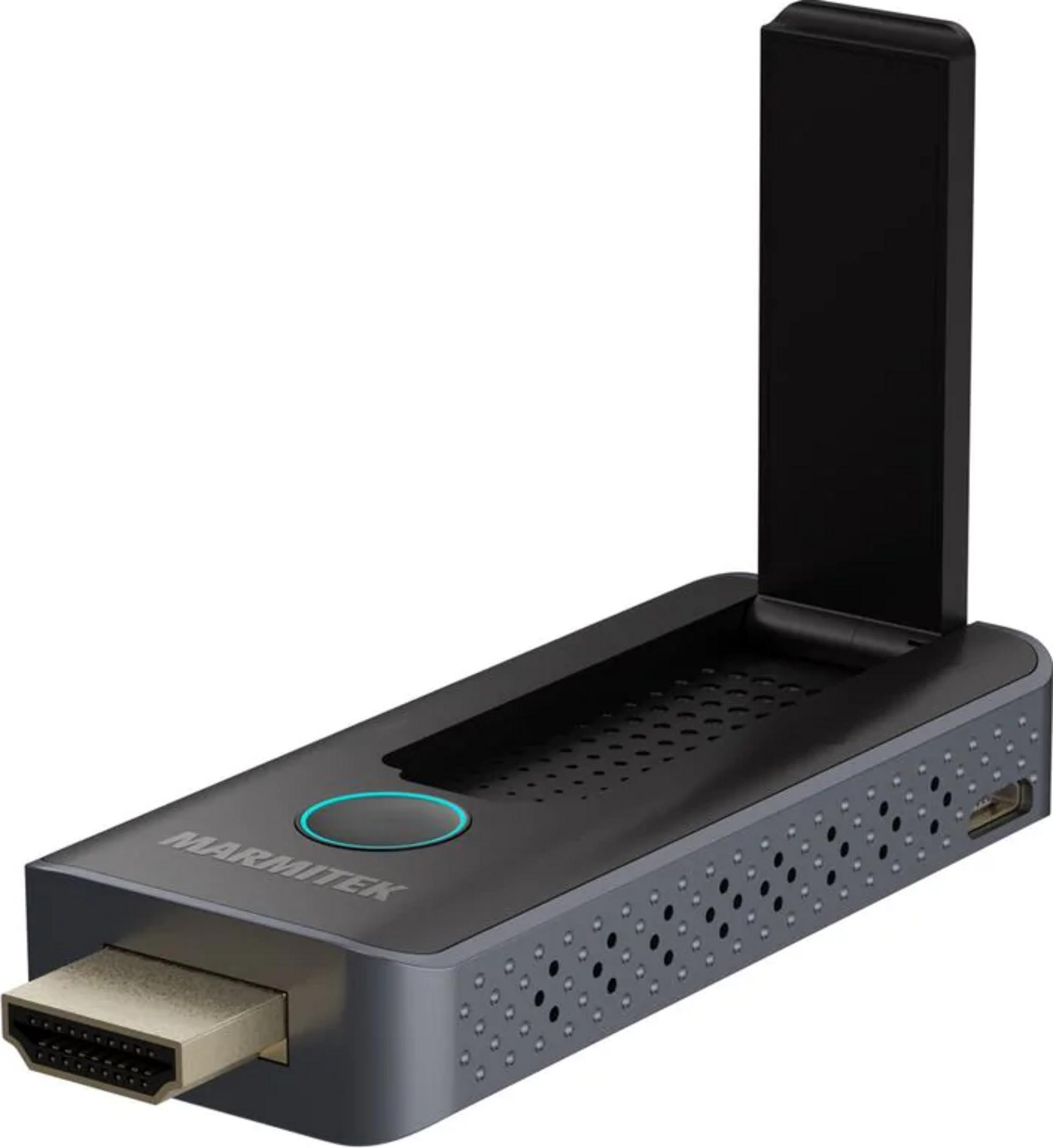 Un dongle HDMI negro con antena y círculo brillante.