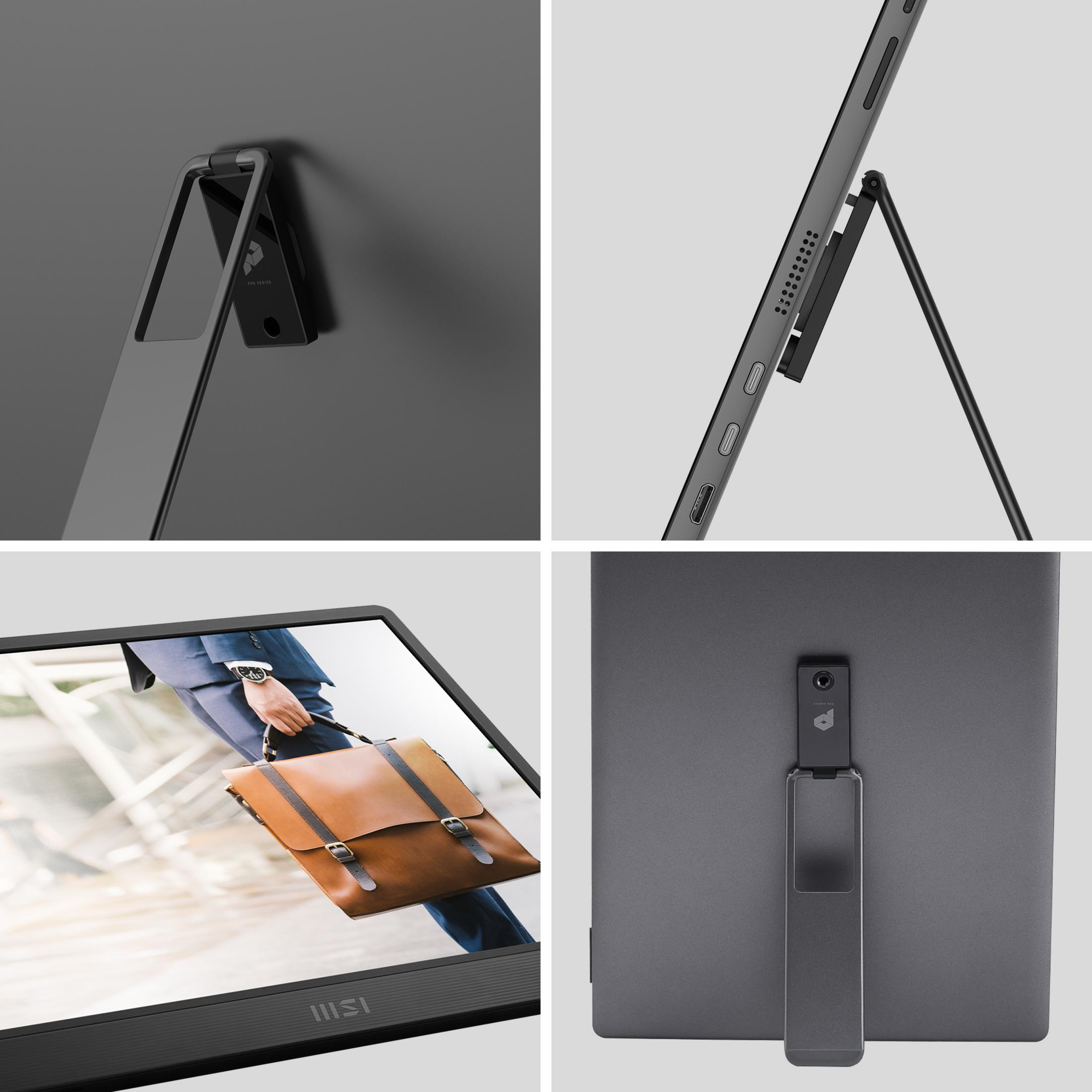Cztery ujęcia laptopa ze stojakiem i teczką.