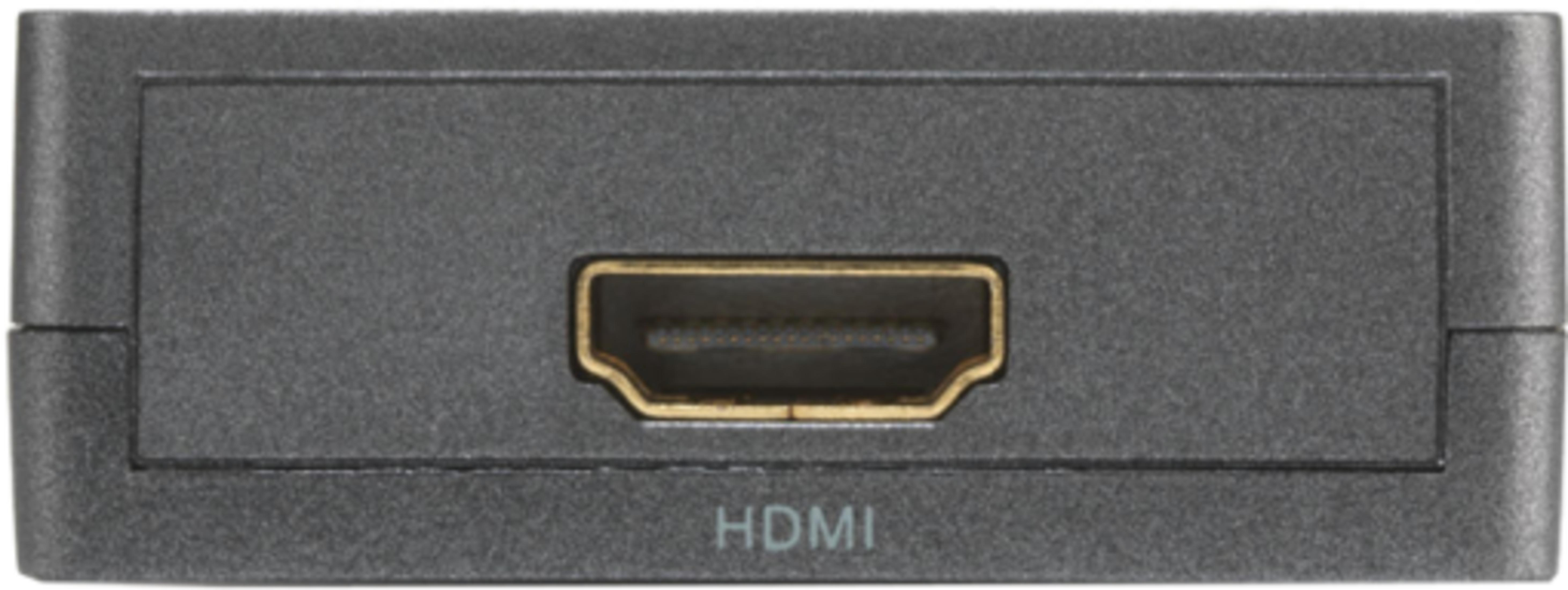 Schwarzes HDMI-Gehäuse mit goldenem Anschluss und Beschriftung.