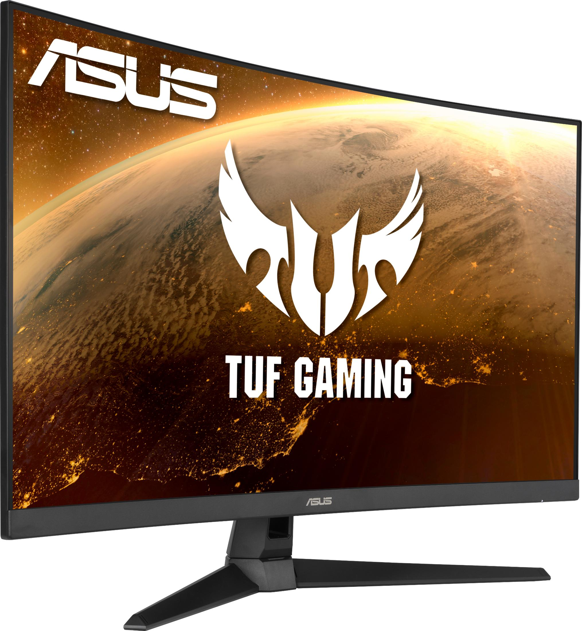 Zakrzywiony monitor gamingowy ASUS z motywem kosmicznym i logo TUF.