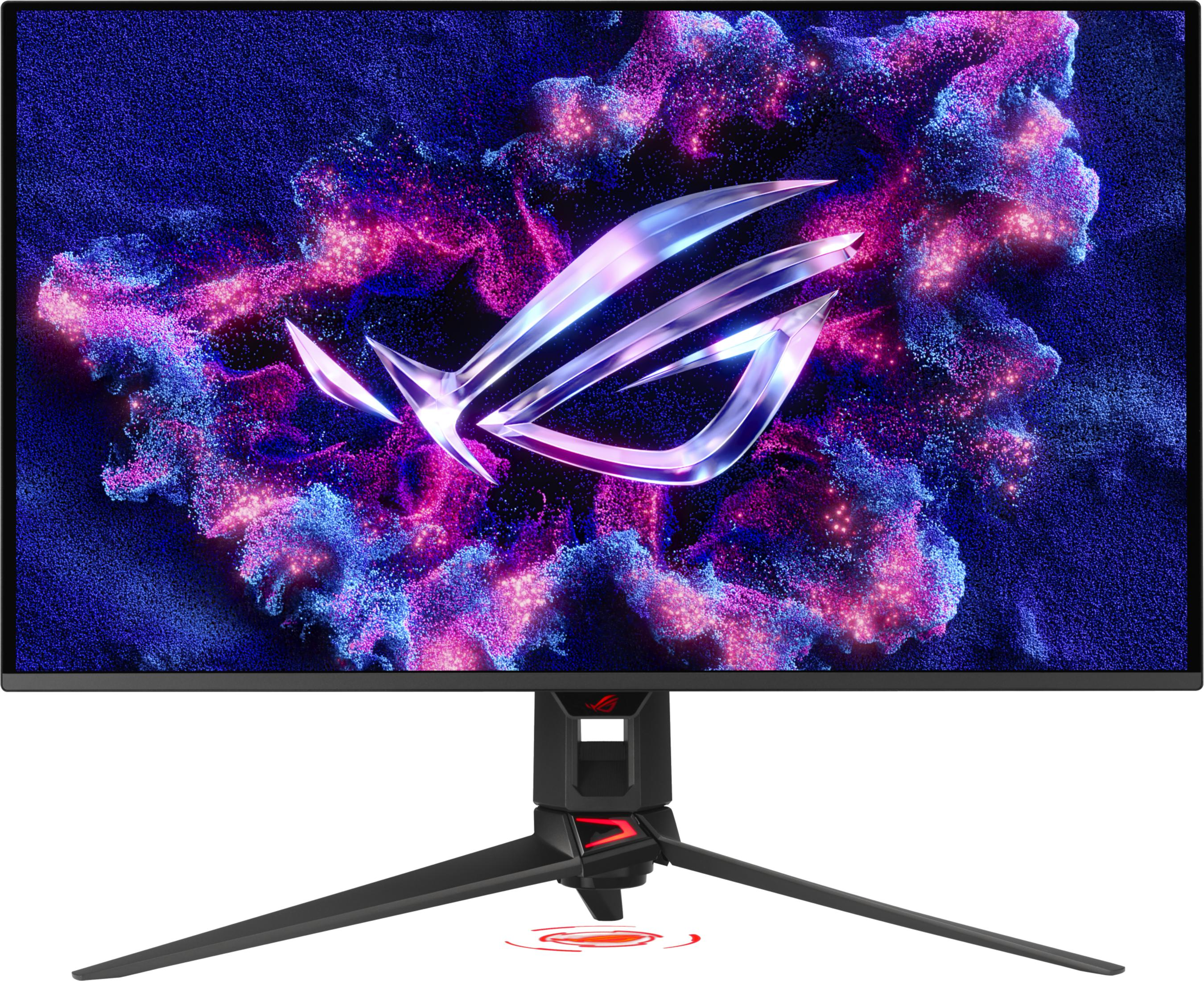 Monitor z logo ROG na tle niebieskich i fioletowych cząstek.
