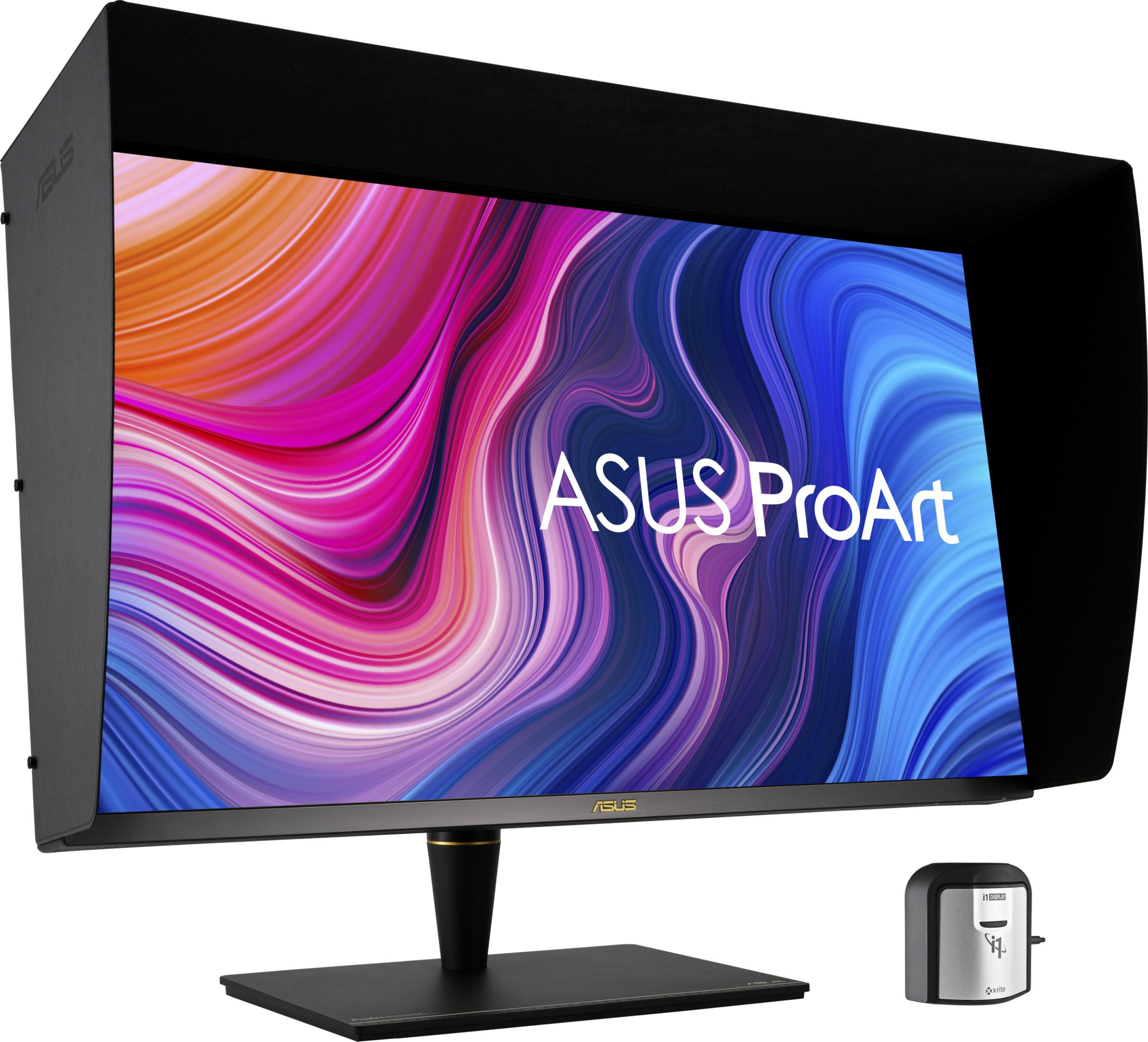 Un monitor Asus ProArt con un fondo de pantalla degradado y un dispositivo de calibración.
