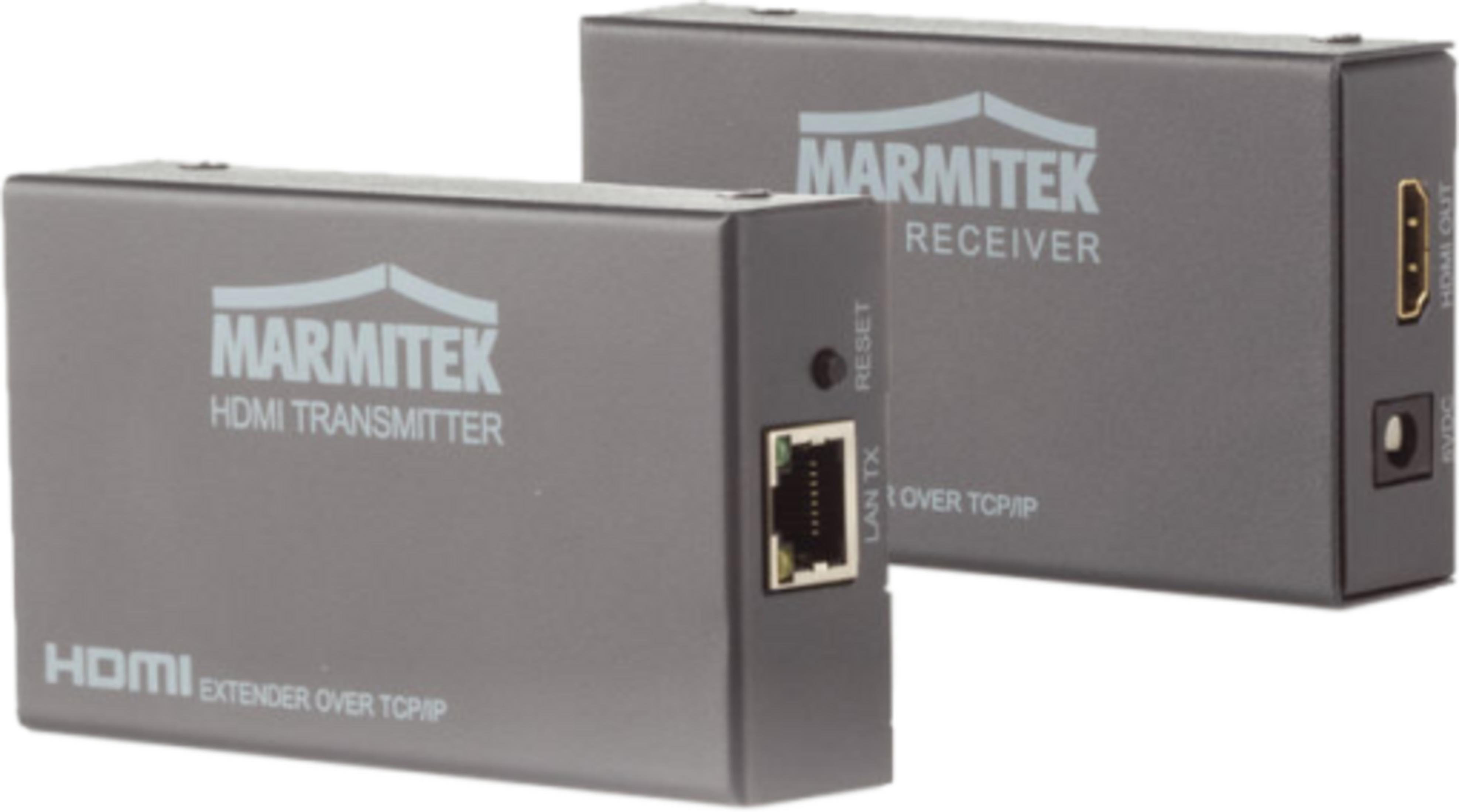 Zwei graue Marmitek HDMI-Extender, Sender und Empfänger, mit Anschlüssen.
