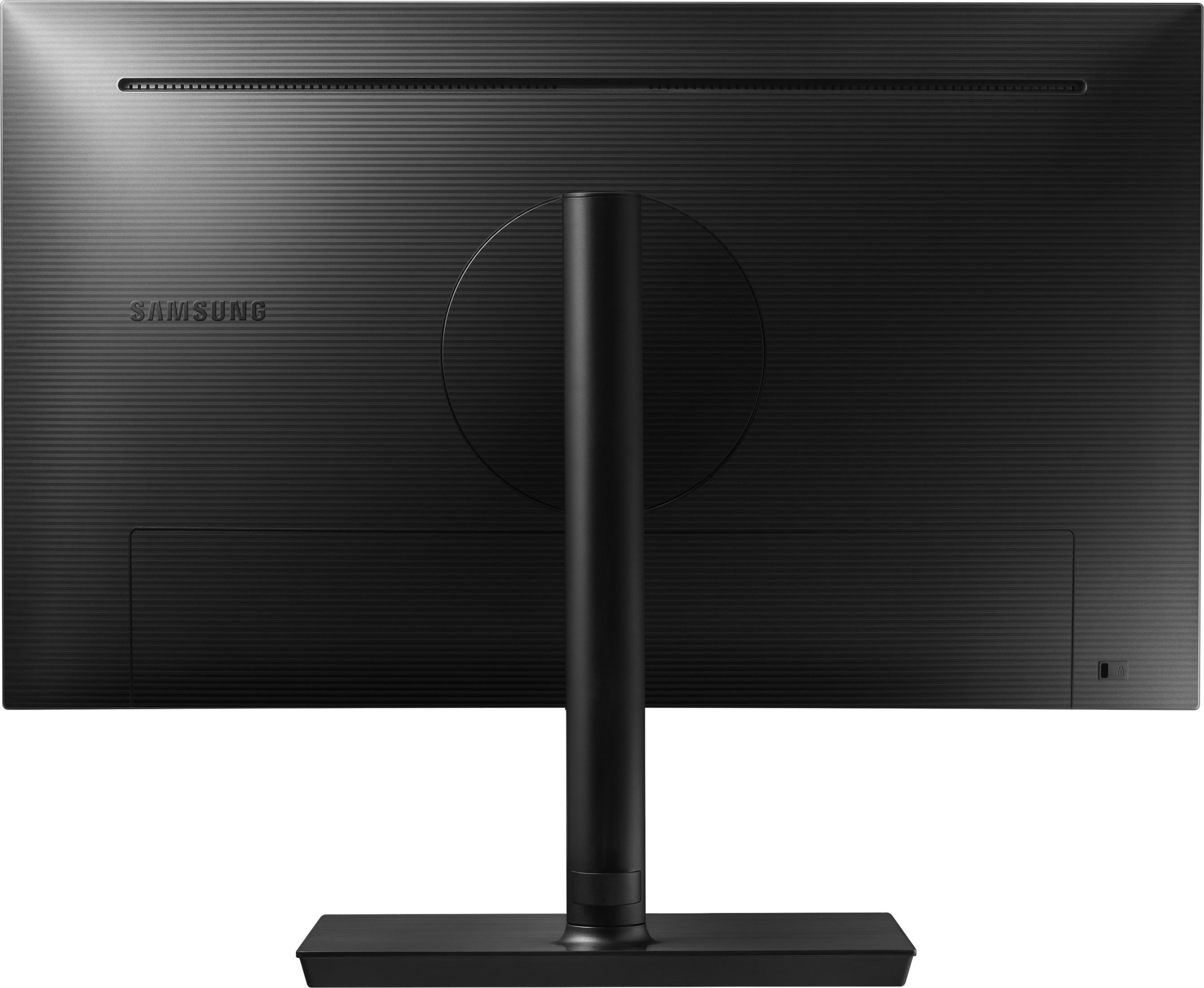 Rückseite eines schwarzen Samsung Monitors mit Standfuß und Lufteinlassschlitz.