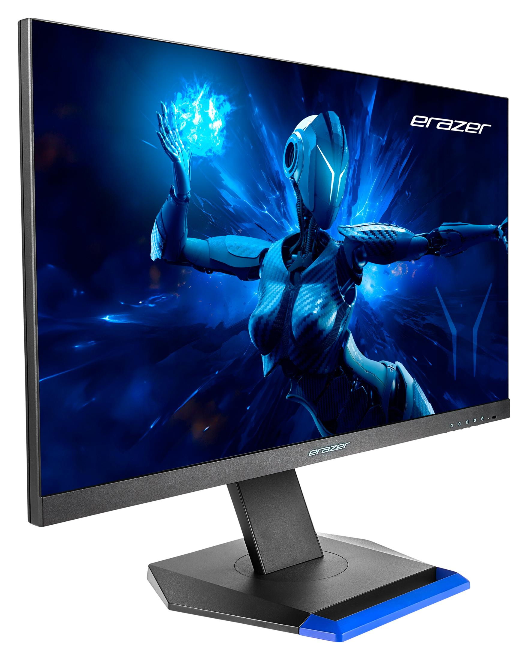 A monitor displays a blue robot figure with glowing hands against a blue background.