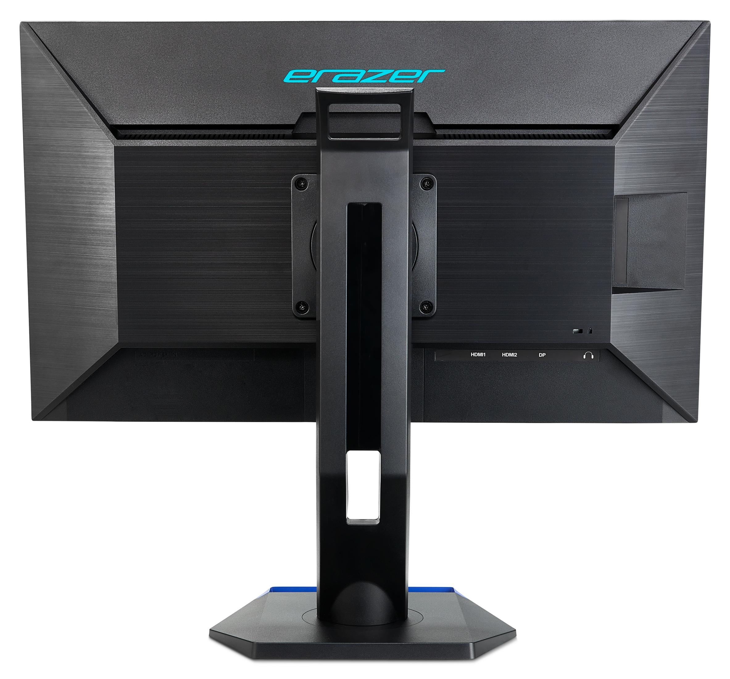 Rear view of a black monitor with a blue logo and ports.