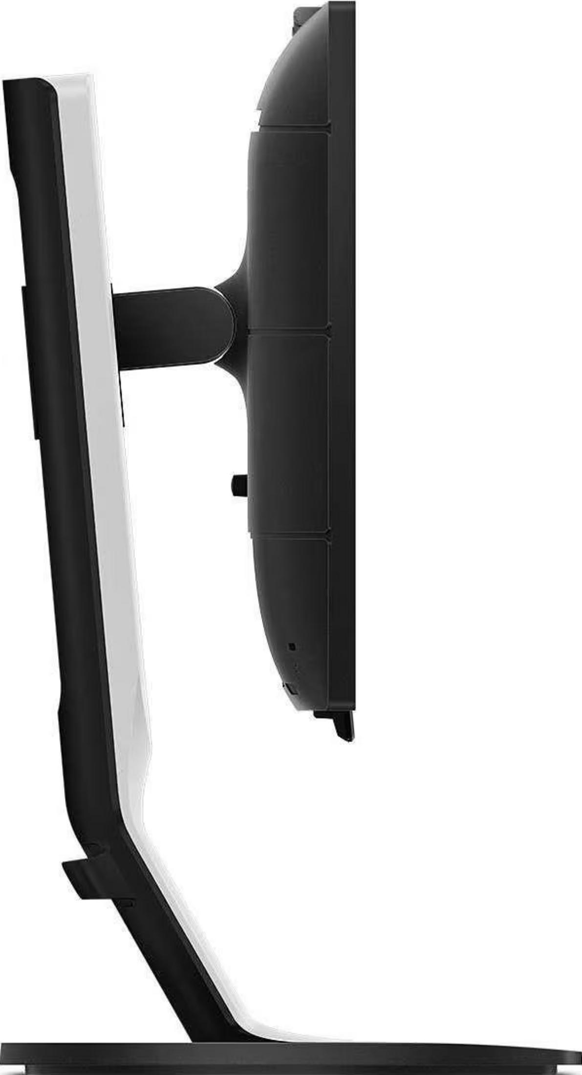 Vista laterale di un monitor di computer bianco e nero su un supporto.