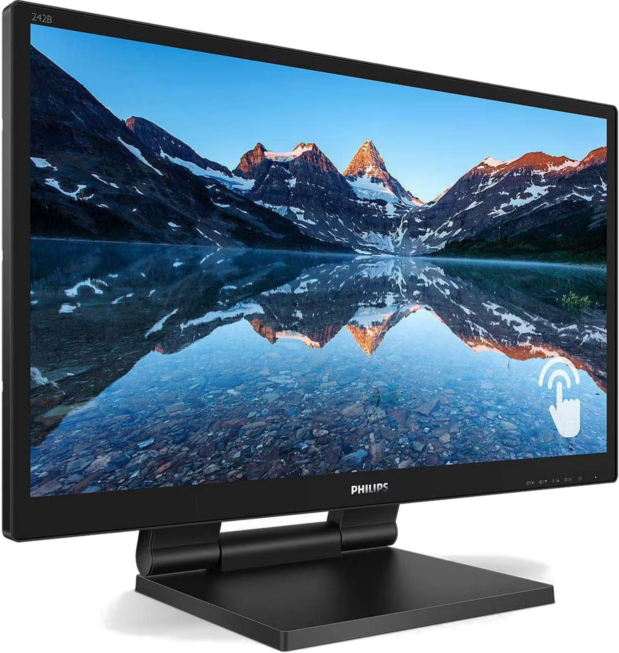 Een zwarte Philips monitor toont een bergpanorama met meer en weerspiegeling.