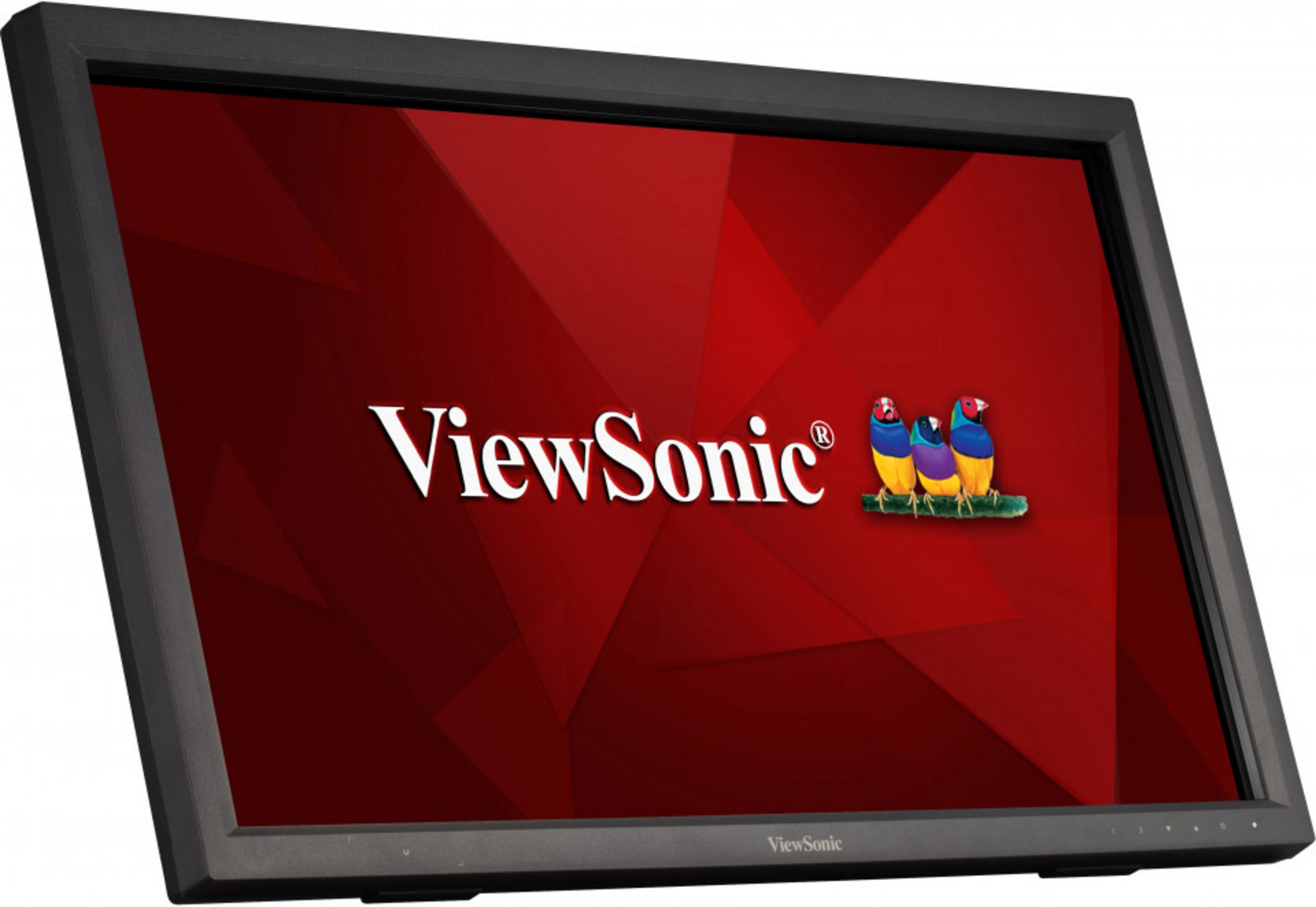 Czarny monitor z czerwonym tłem, logo ViewSonic i ptakami.
