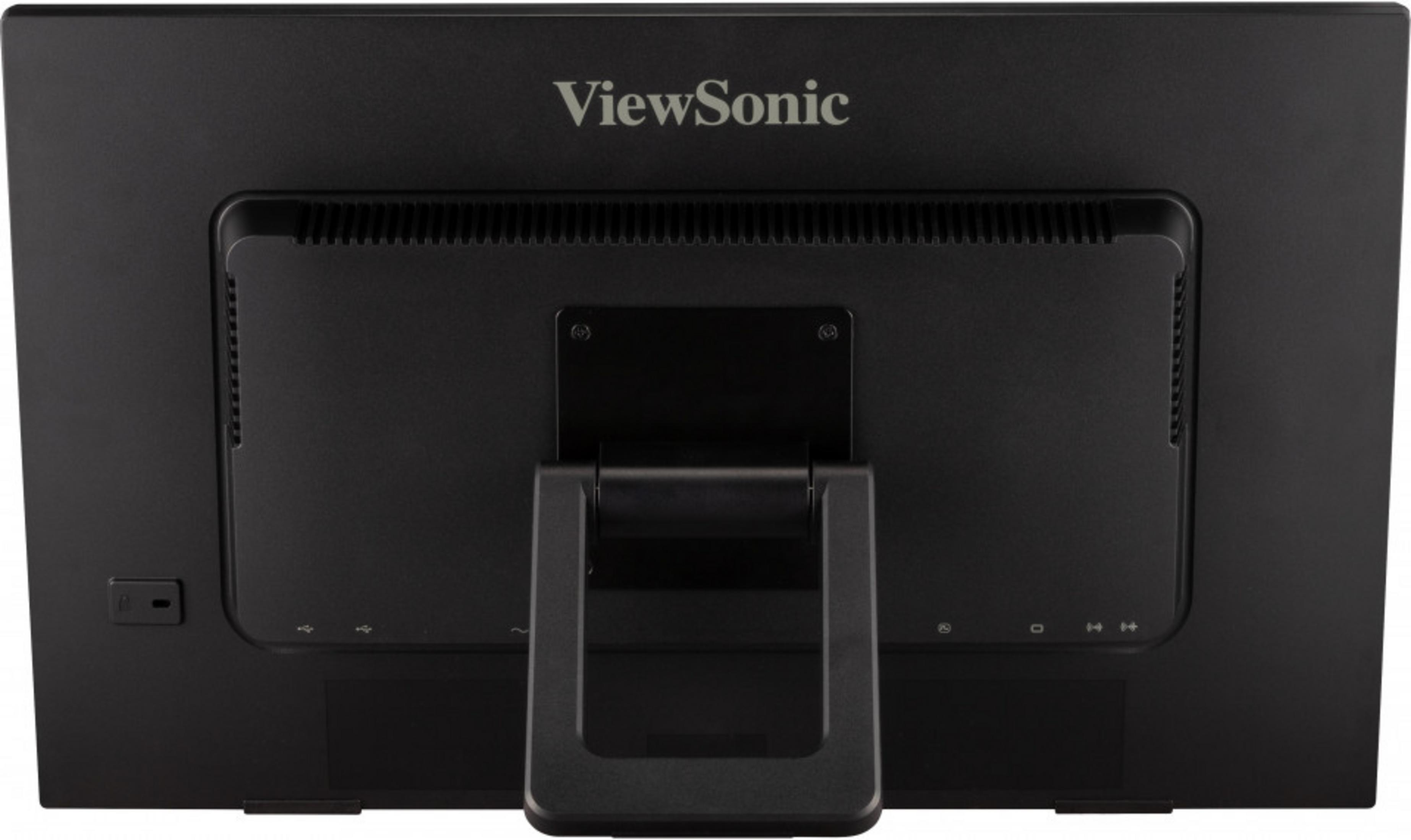Tył czarnego monitora ViewSonic ze stojakiem, widocznymi portami i otworami wentylacyjnymi.