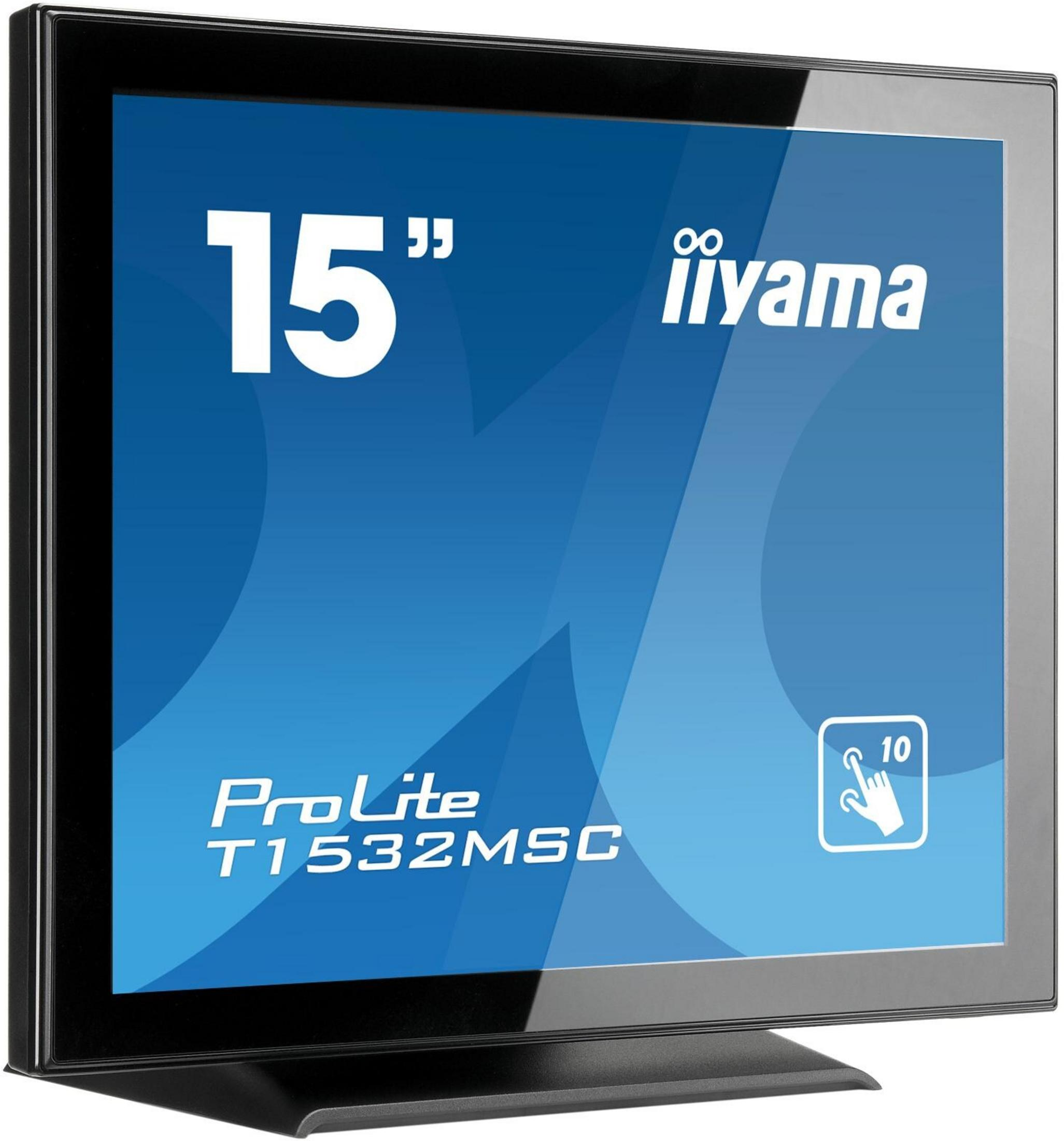 Ein 15-Zoll-iiyama-Monitor mit ProLite T1532MSC-Schriftzug und Touch-Symbol.