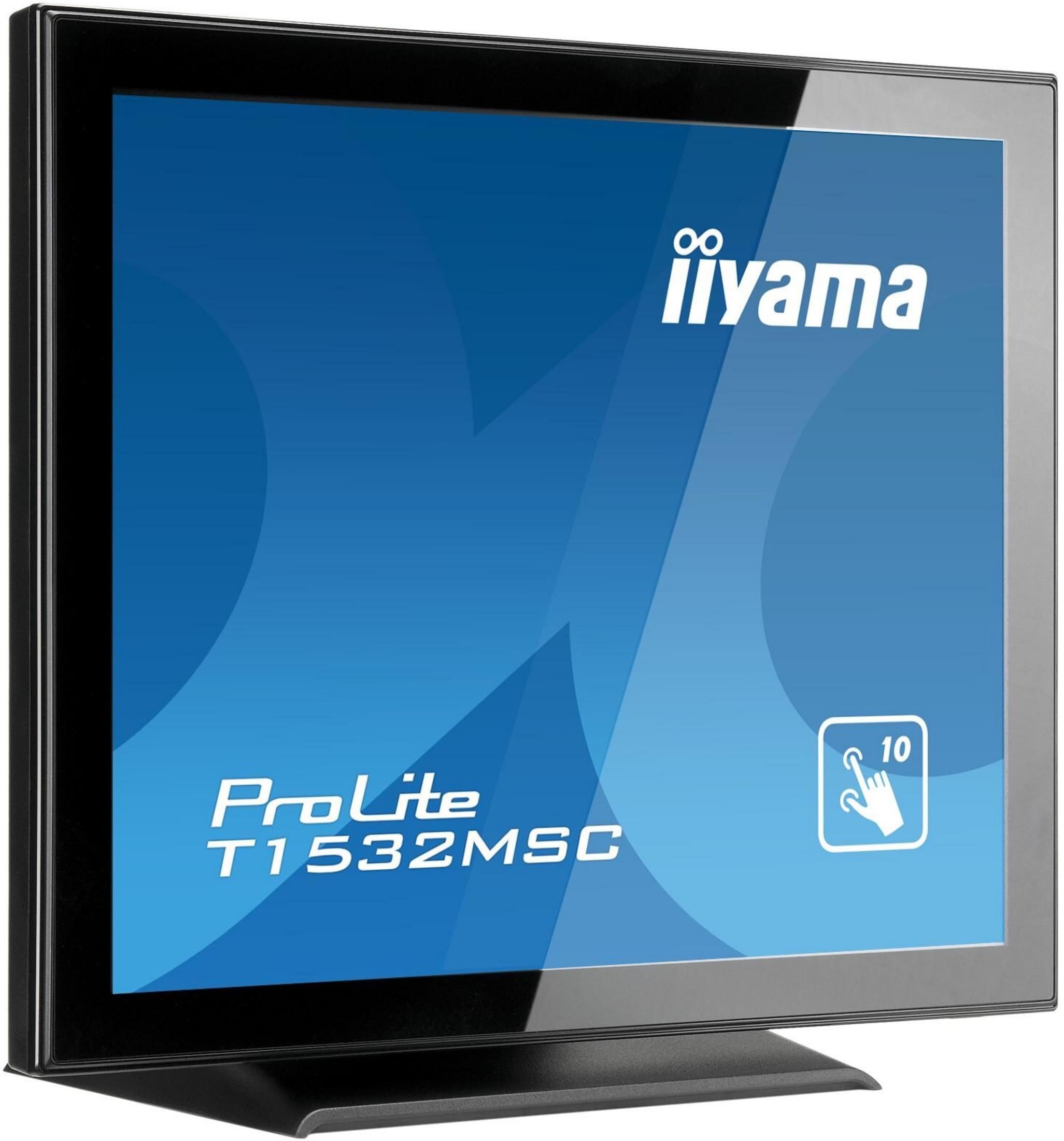Schwarzer Iiyama ProLite T1532MSC Touchscreen-Monitor mit blauem Hintergrund.