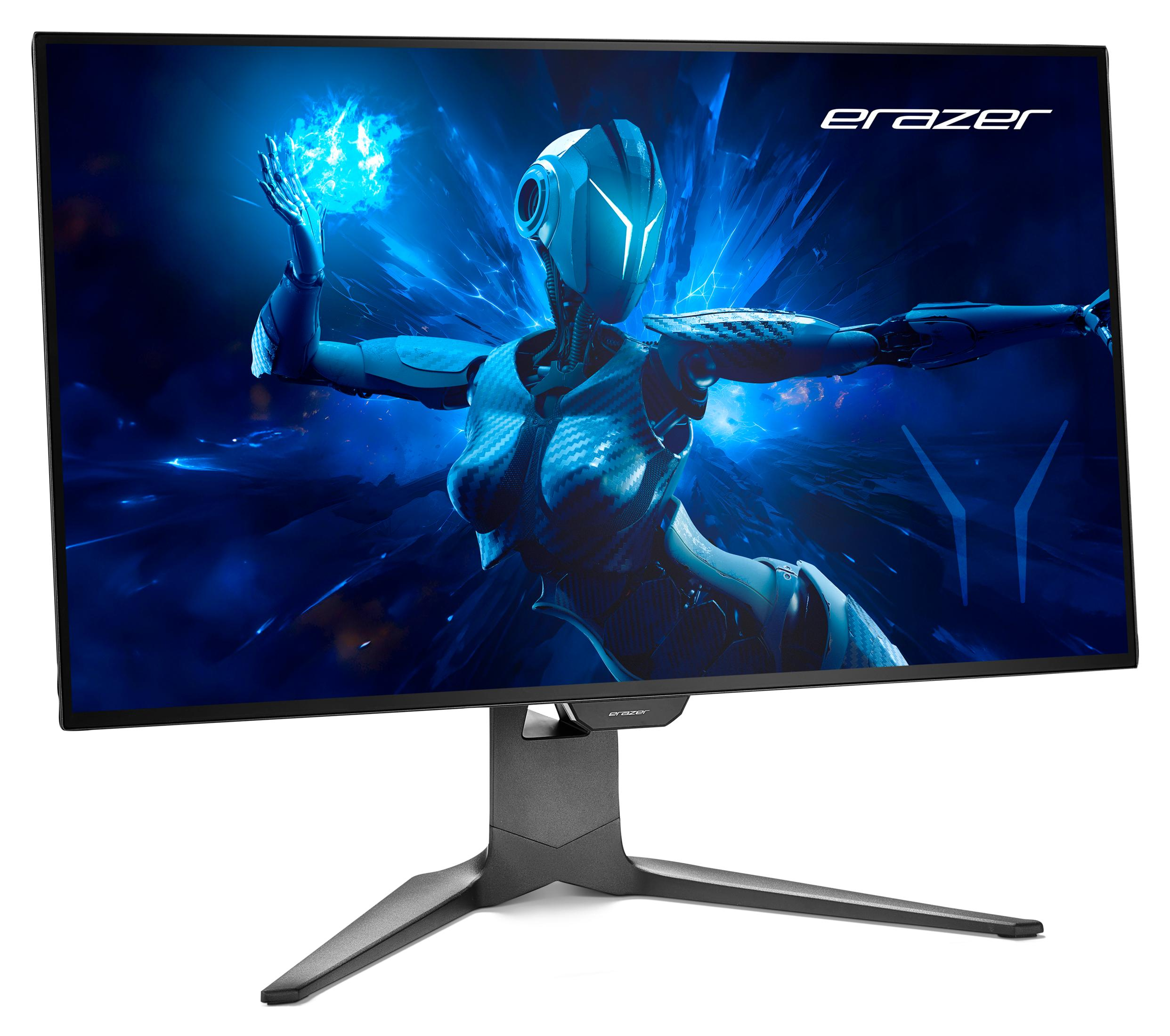 Moniteur gaming avec robot futuriste et énergie bleue à l'écran.