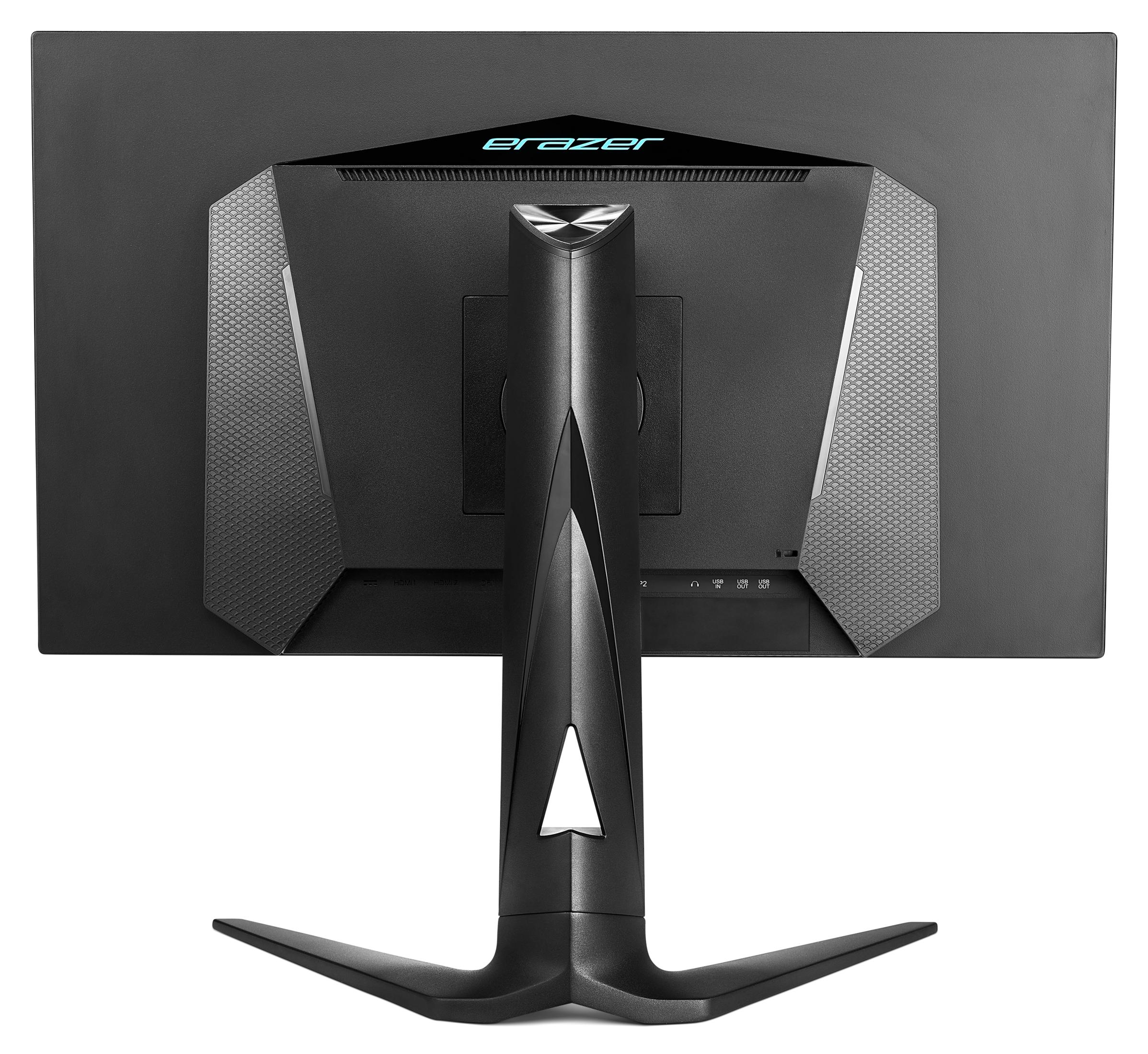 Arrière d'un moniteur noir avec logo argenté et ports.