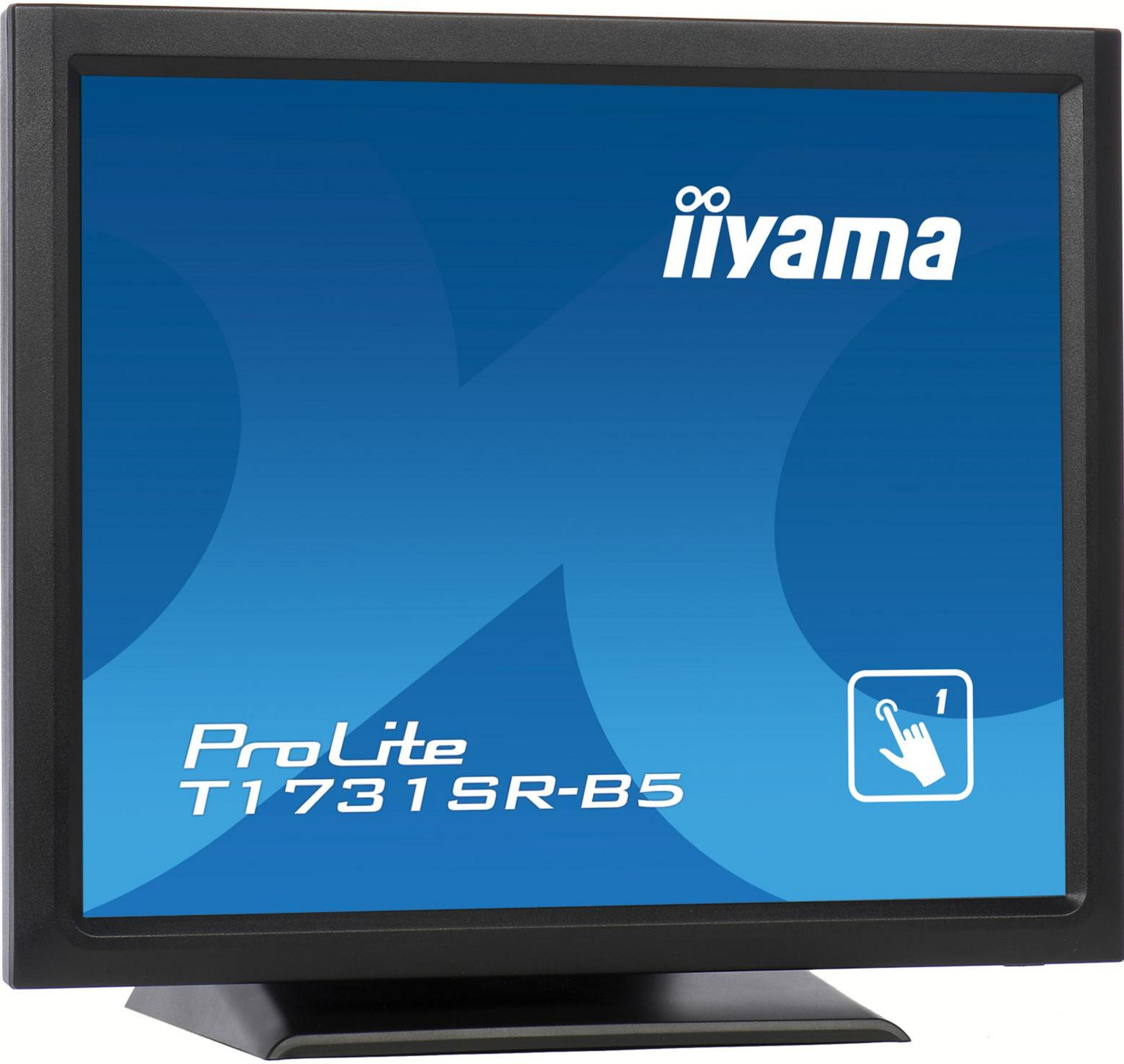 Un monitor nero con schermo blu che mostra 'iiyama' e 'ProLite T1731SR-B5'.