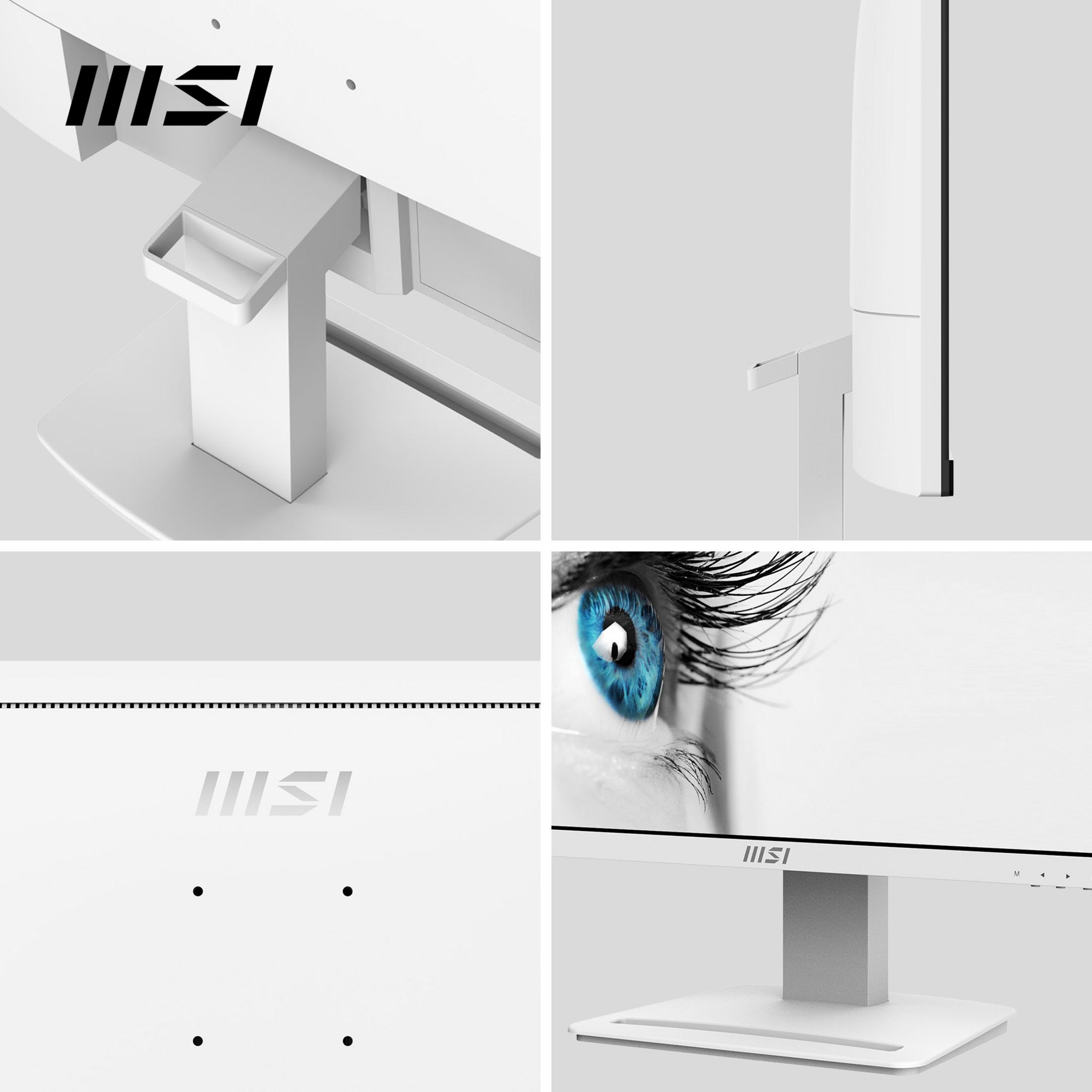 Gros plan d'un moniteur blanc avec logo MSI et un œil bleu.