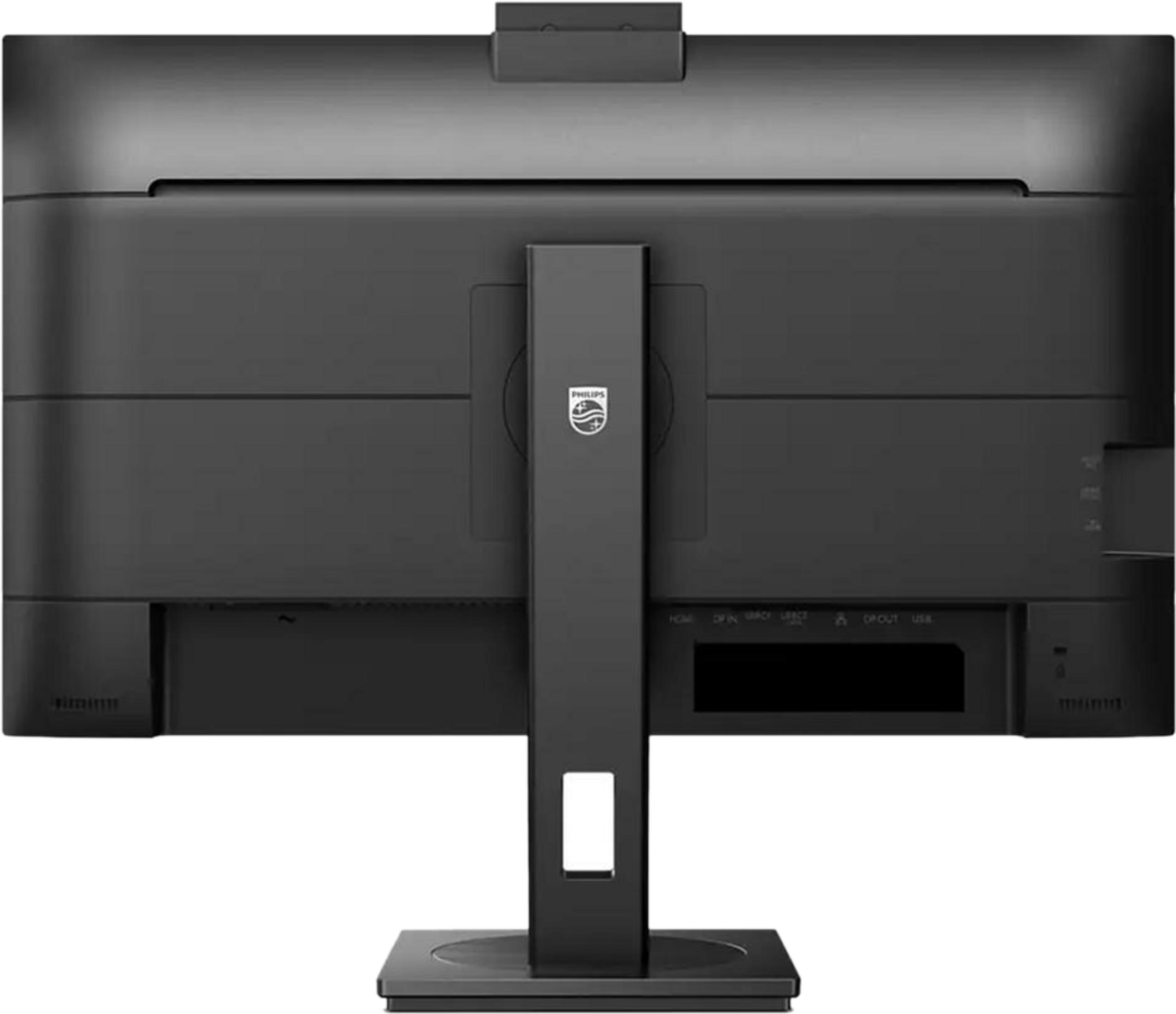 Achterkant van een zwarte Philips monitor met standaard en poorten.