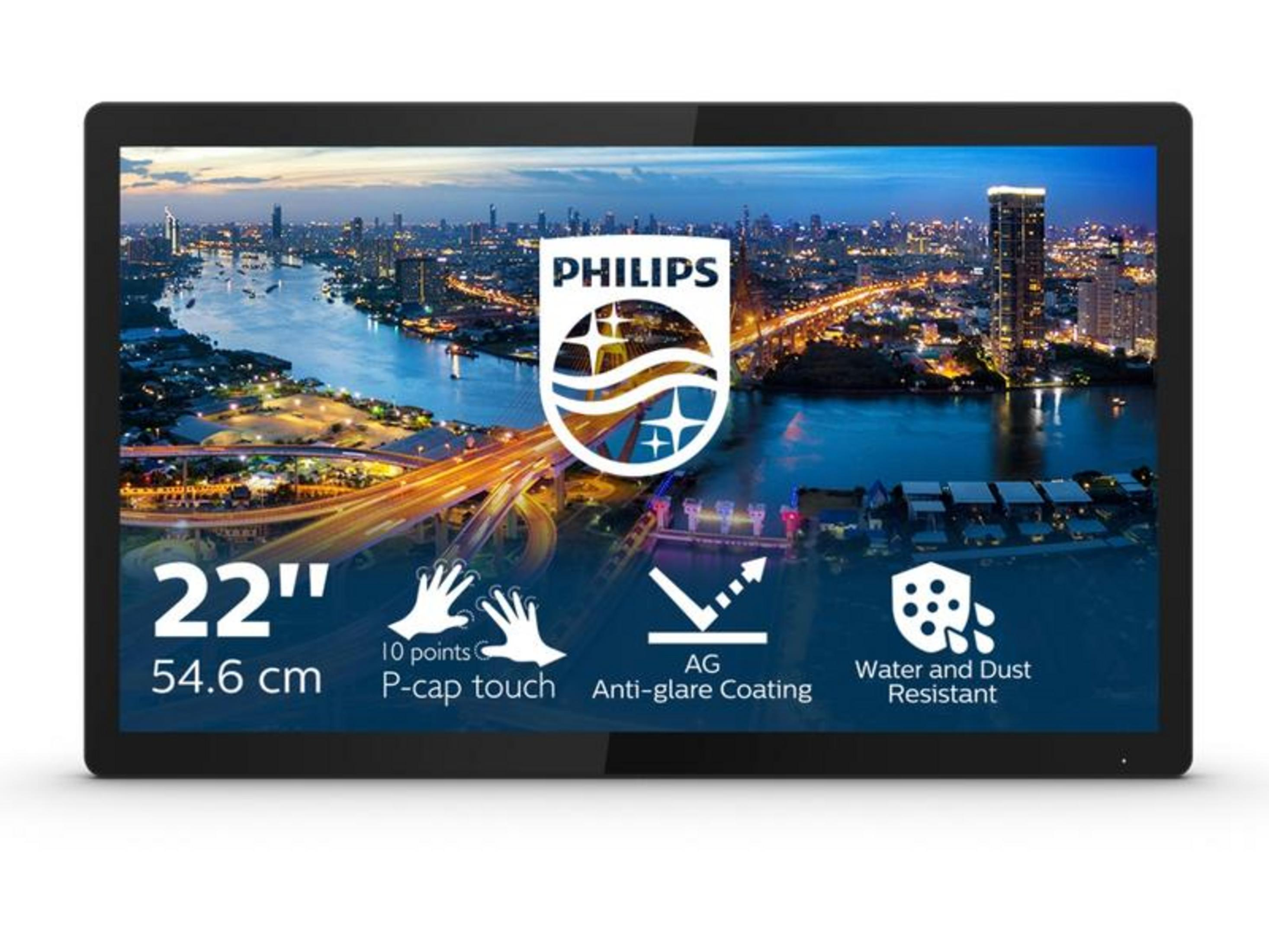 Philips 22" monitor with city skyline, touch, AG coating, and water/dust resistance.