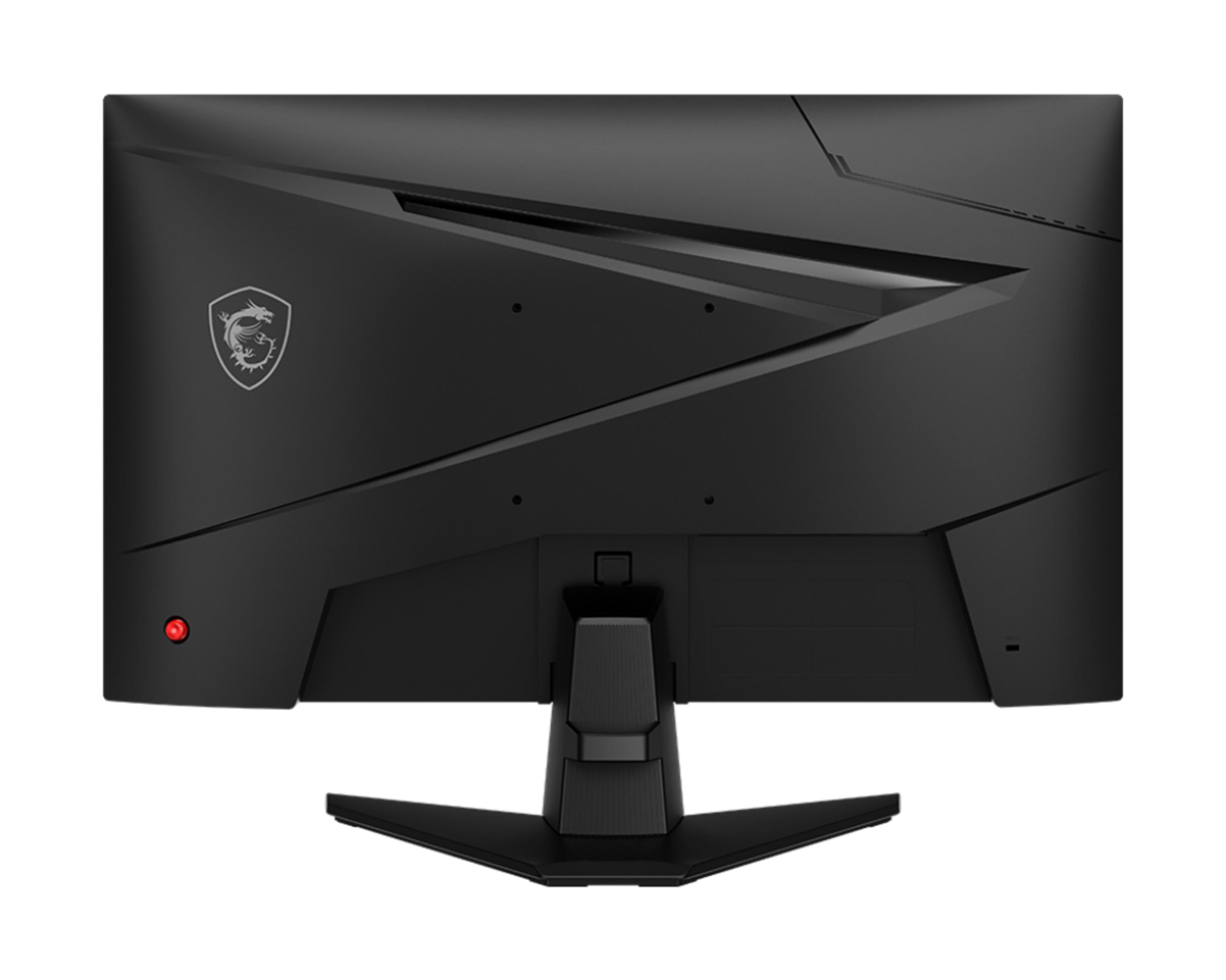 Achterkant van een zwarte monitor met MSI-logo en rode knop.