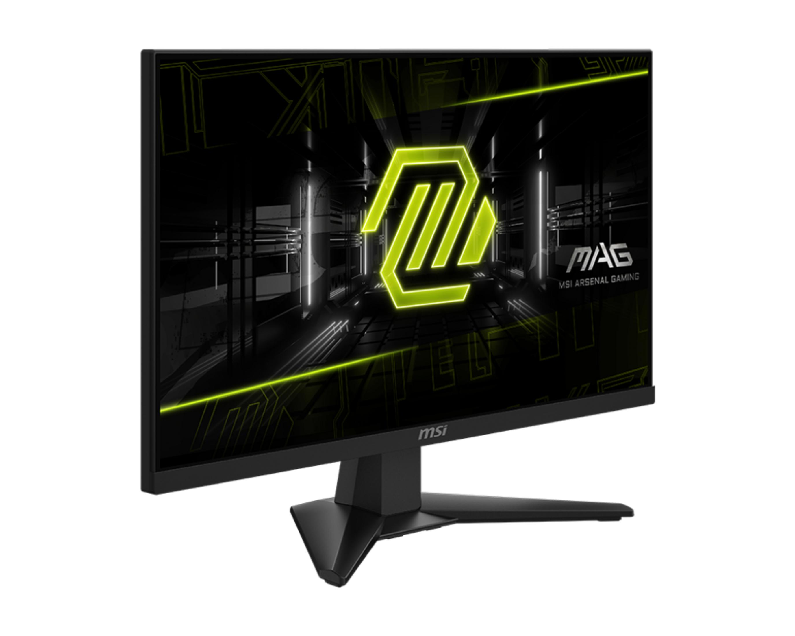 Een gaming monitor toont een neon-groen logo tegen een futuristische achtergrond.