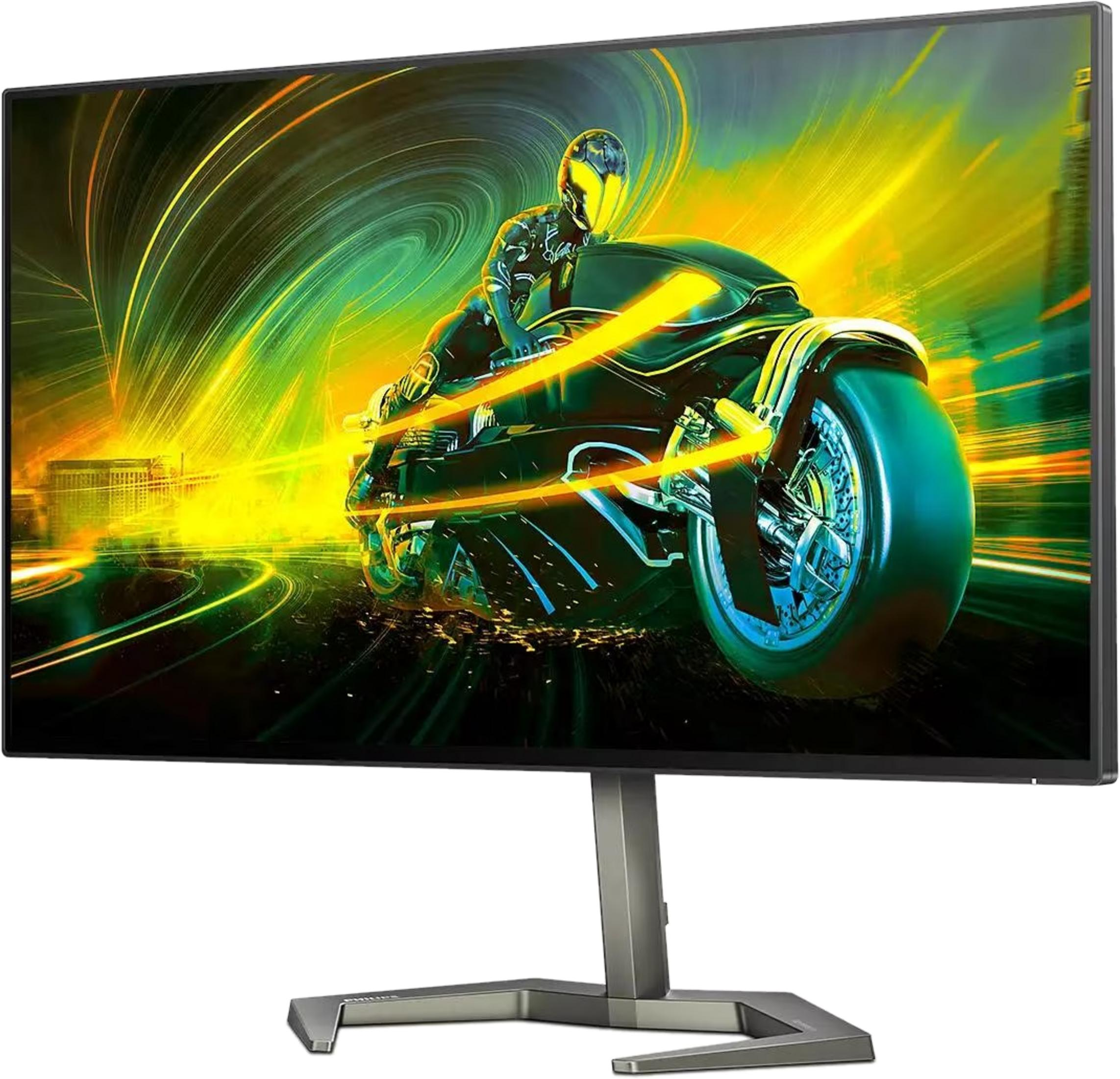 Un monitor futuristico mostra un pilota su una moto con scie luminose gialle e verdi.