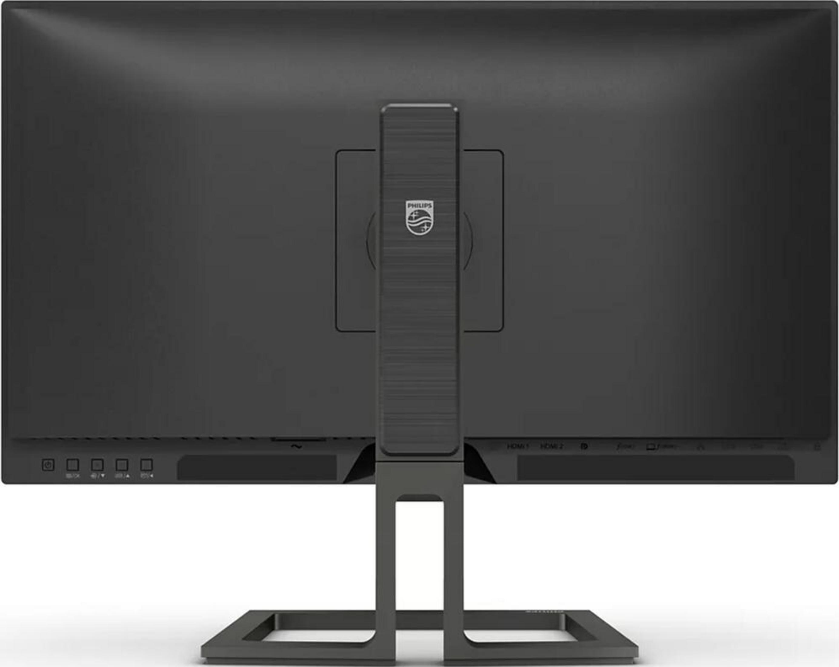 Vista posteriore di un monitor nero con logo Philips e porte.