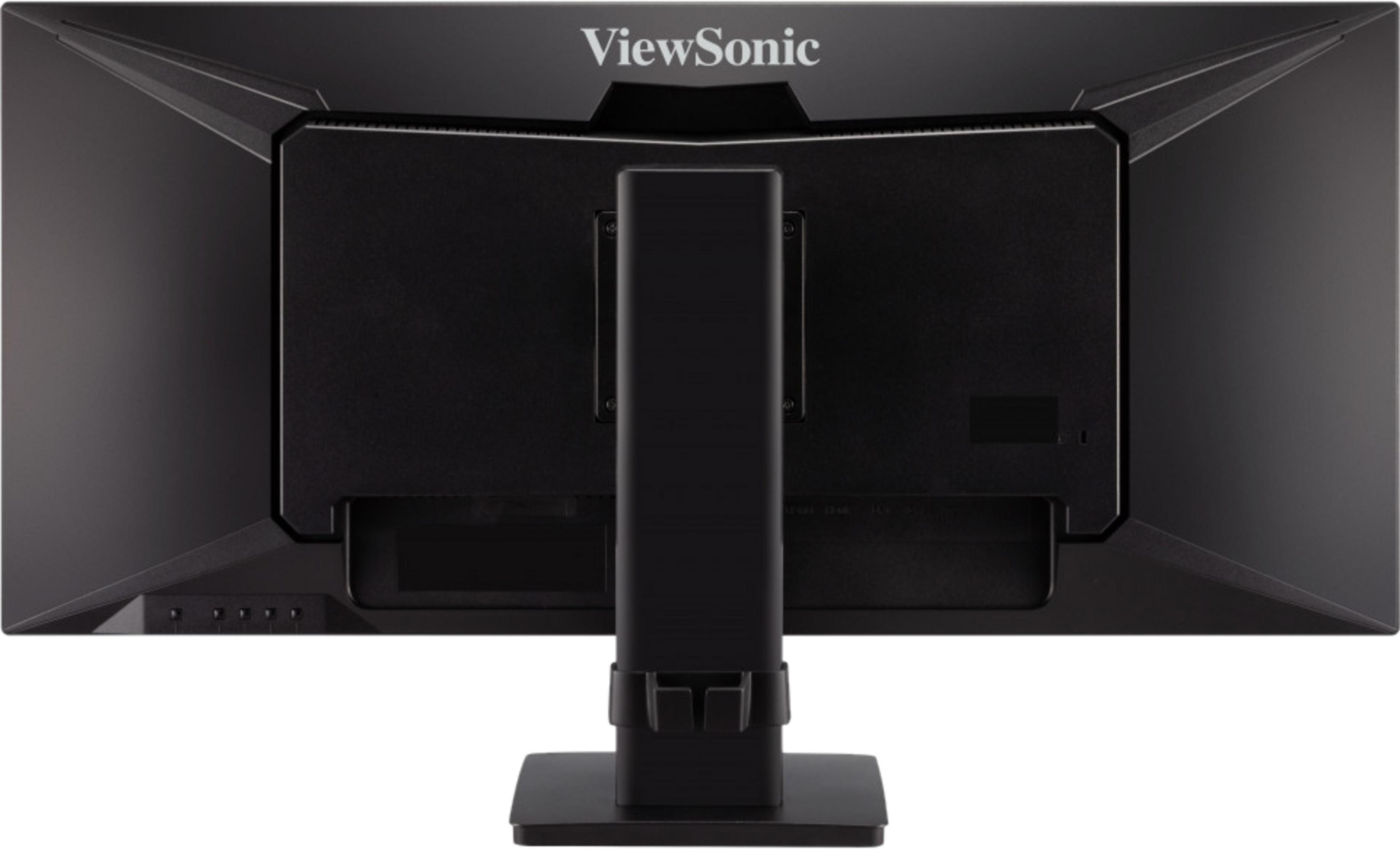 Vista posteriore di un monitor ViewSonic nero con logo argentato e supporto nero.
