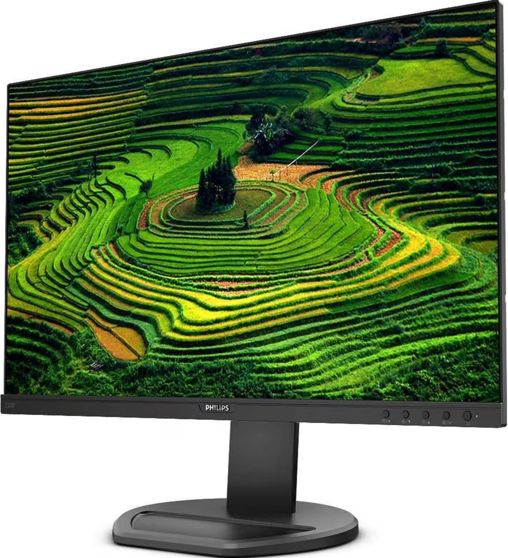 A black Philips monitor displays vibrant green and yellow terraced rice fields.