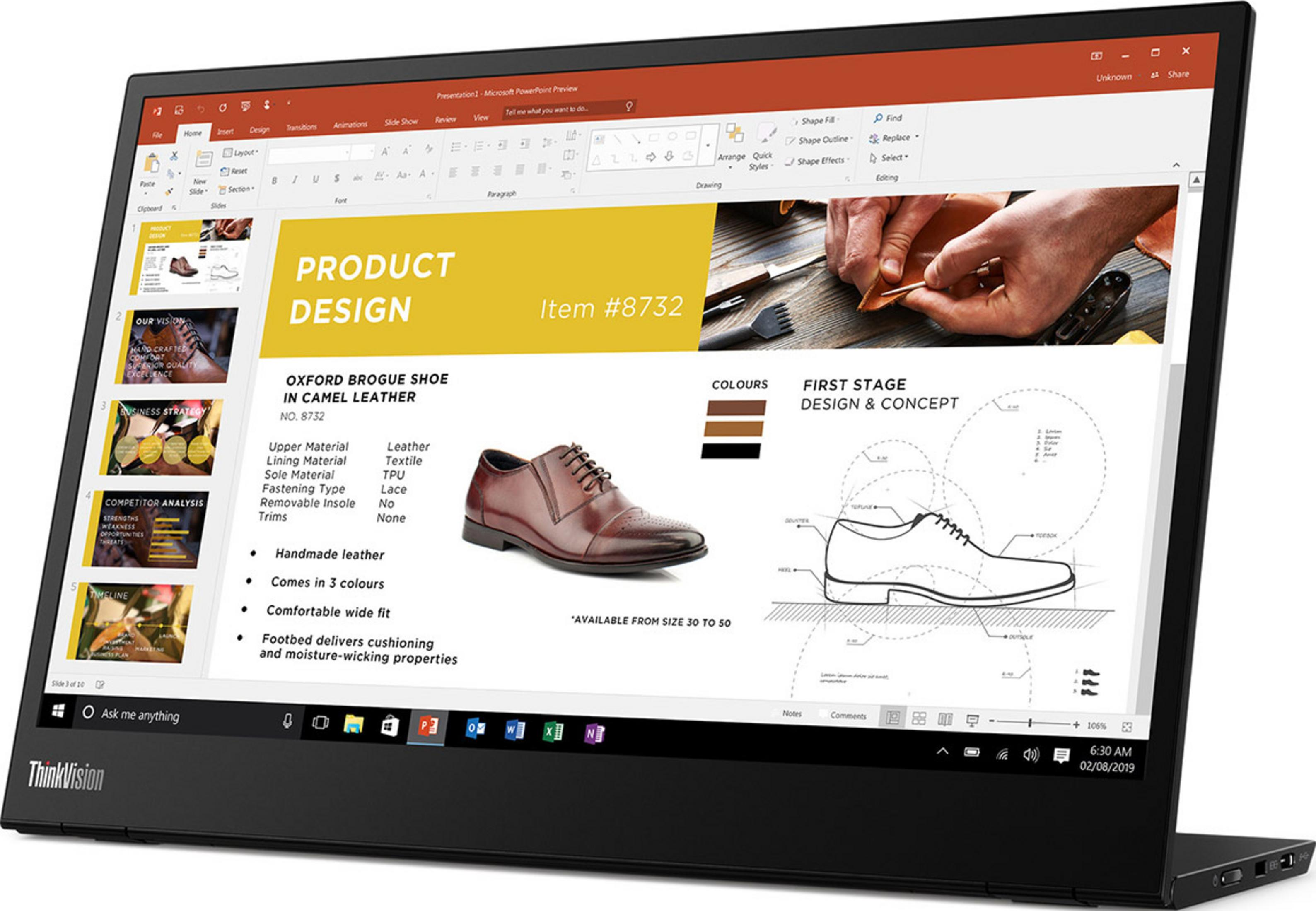 Pantalla muestra presentación sobre diseño de zapatos, con zapato de cuero y diagrama.