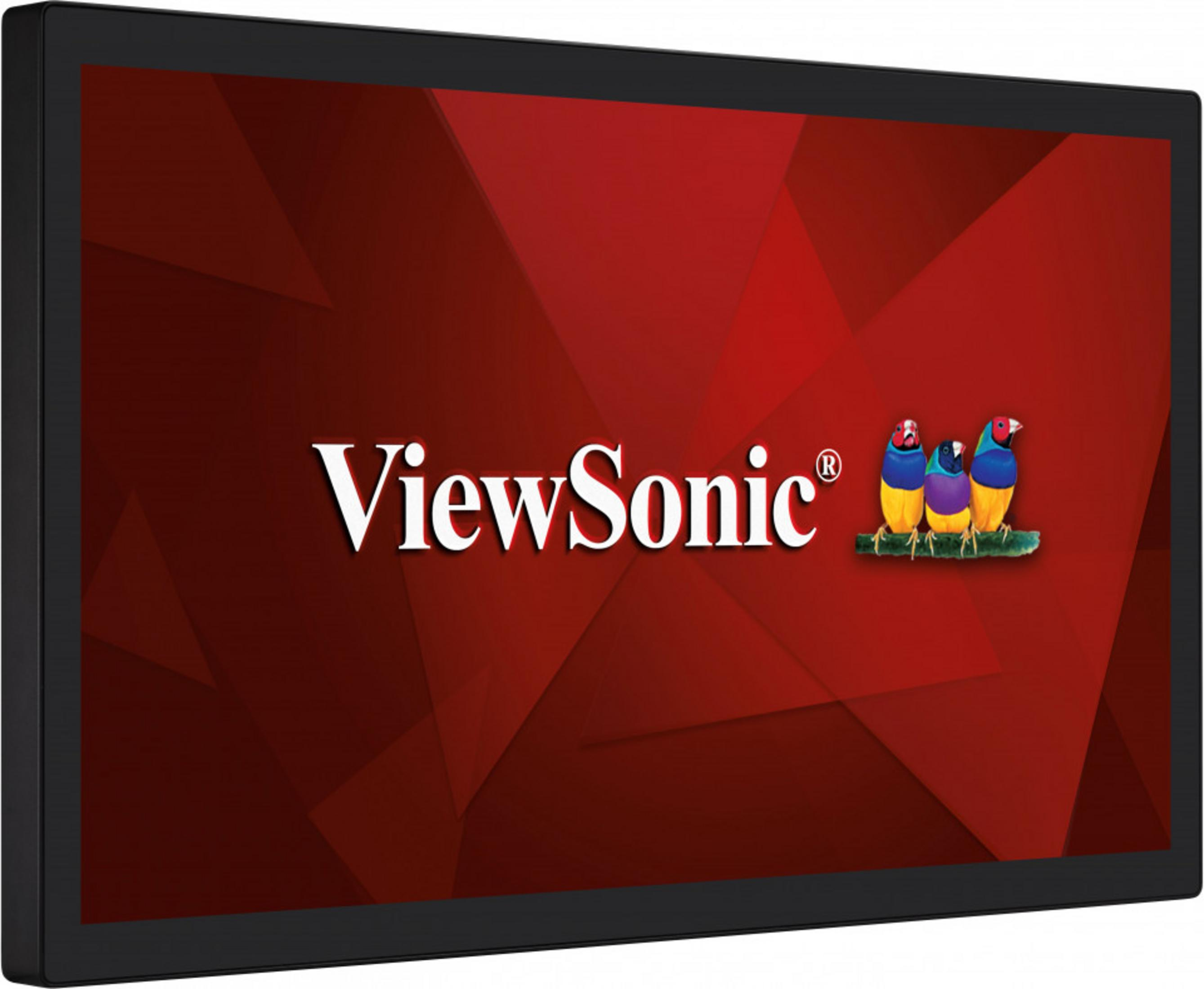 Un monitor negro con fondo rojo y logo de ViewSonic. Tres pájaros coloridos en una rama.