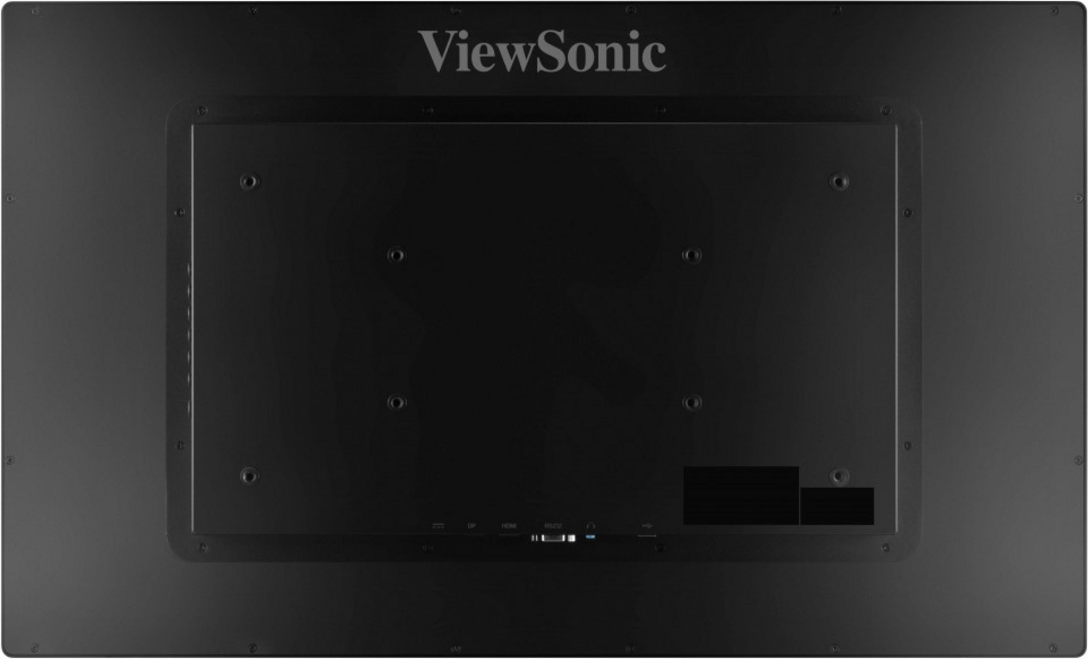 Parte posterior de un monitor negro con logotipo de ViewSonic y puertos.