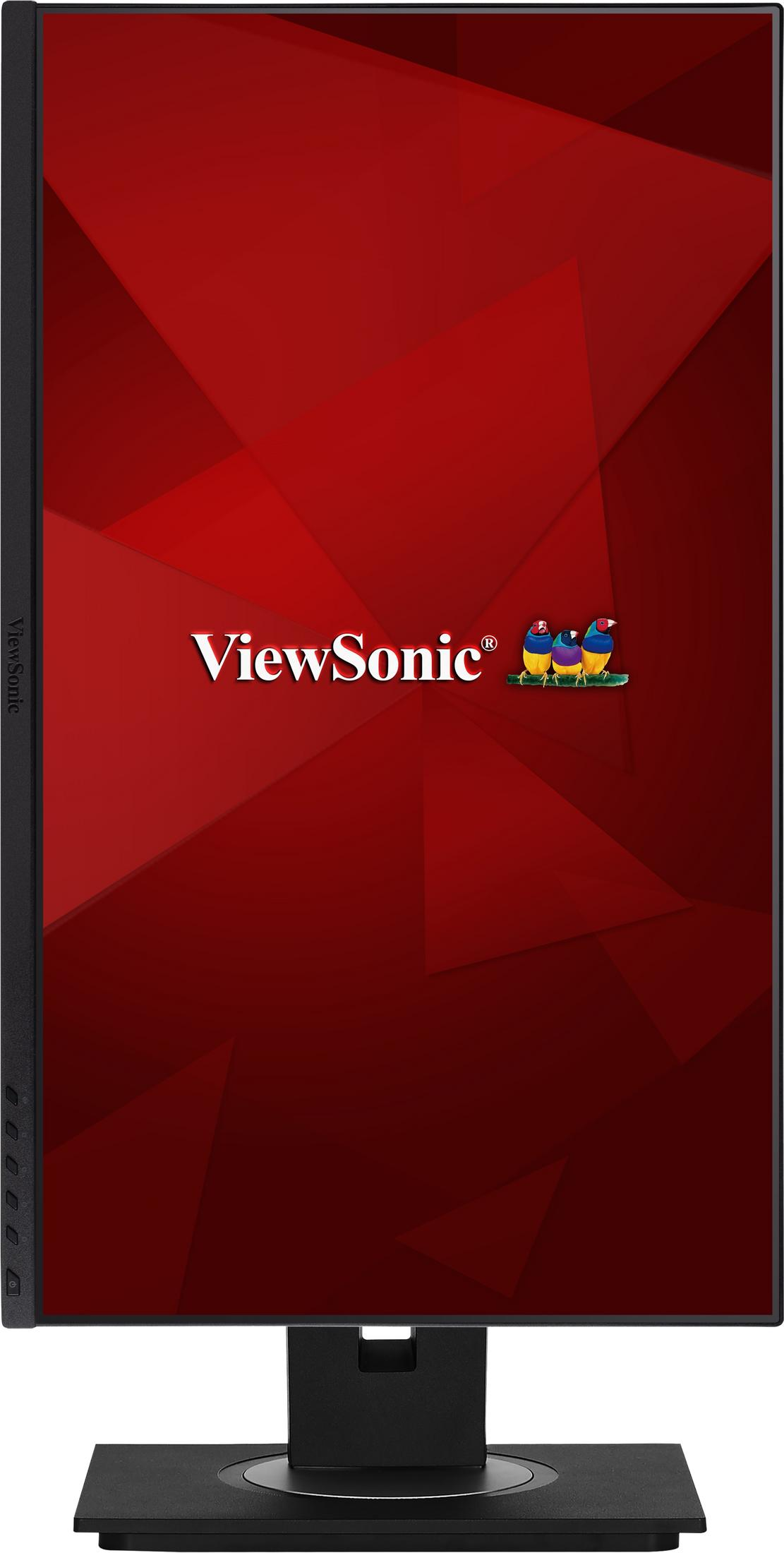 Monitor negro con fondo geométrico rojo y logo de ViewSonic con pájaros.