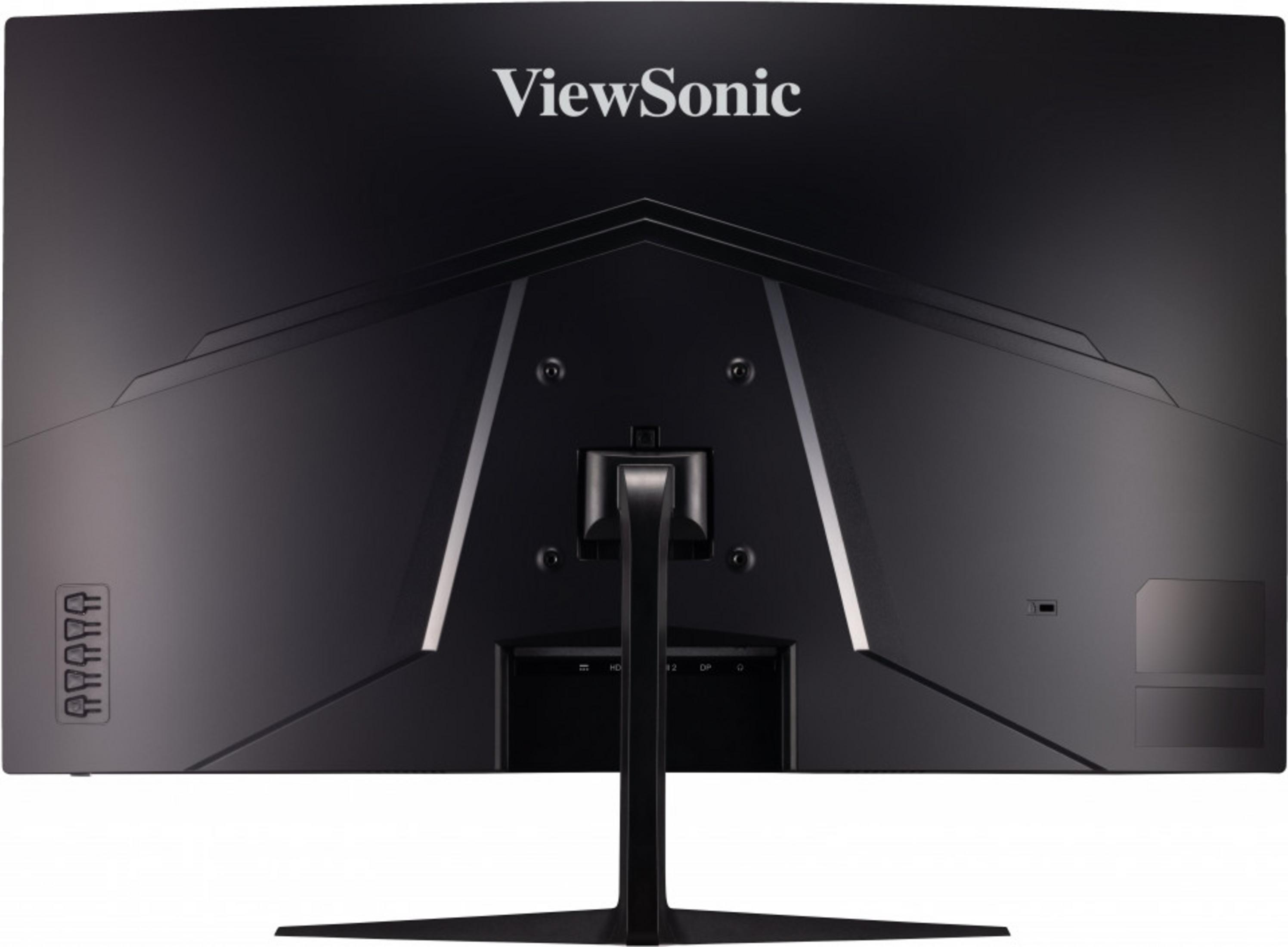 Rückseite eines schwarzen ViewSonic-Monitors mit Anschlussfeld und Standfuß.