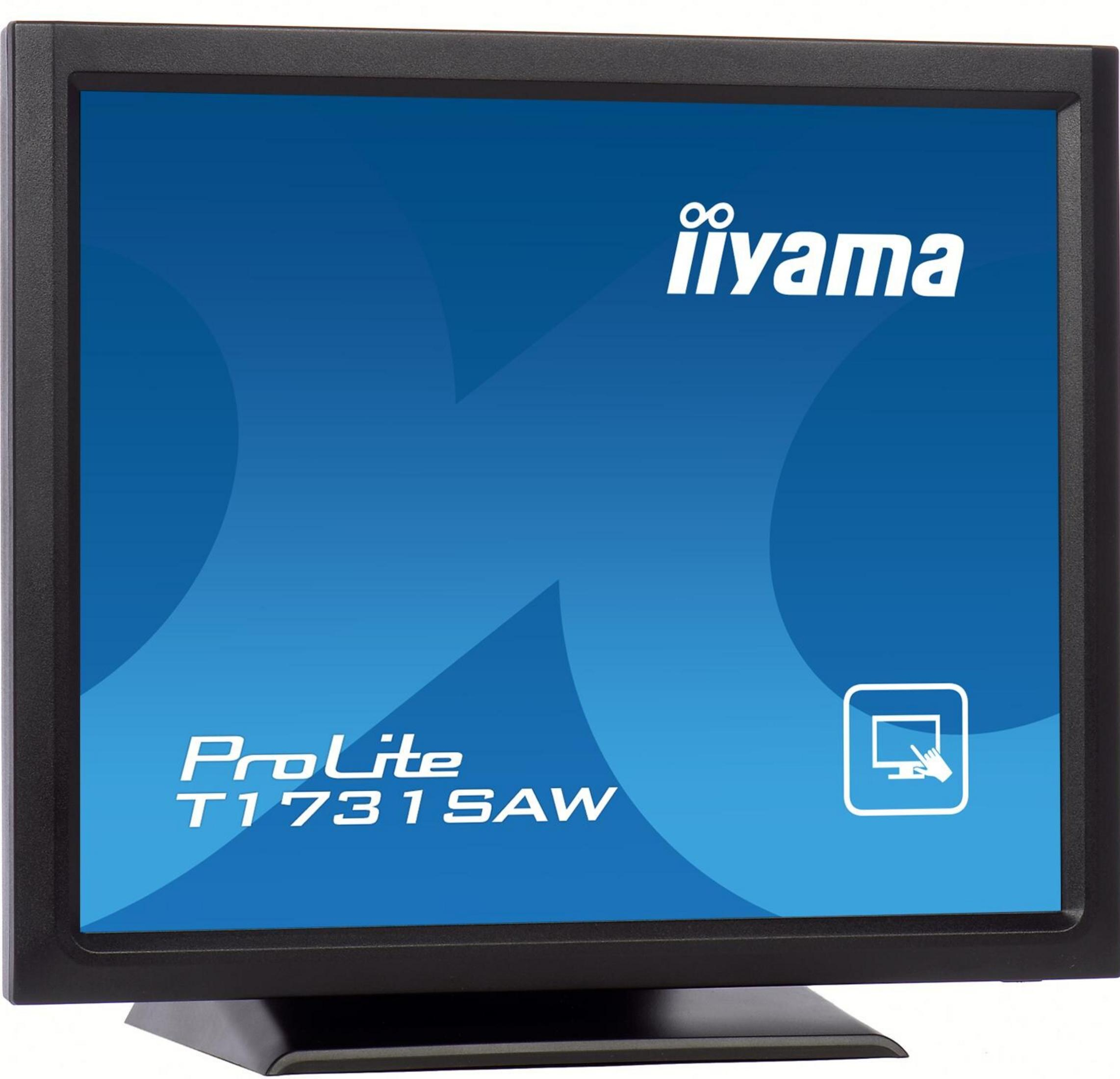 Ein schwarzer Iiyama ProLite T1731SAW Monitor zeigt einen blauen Bildschirm mit Logos.