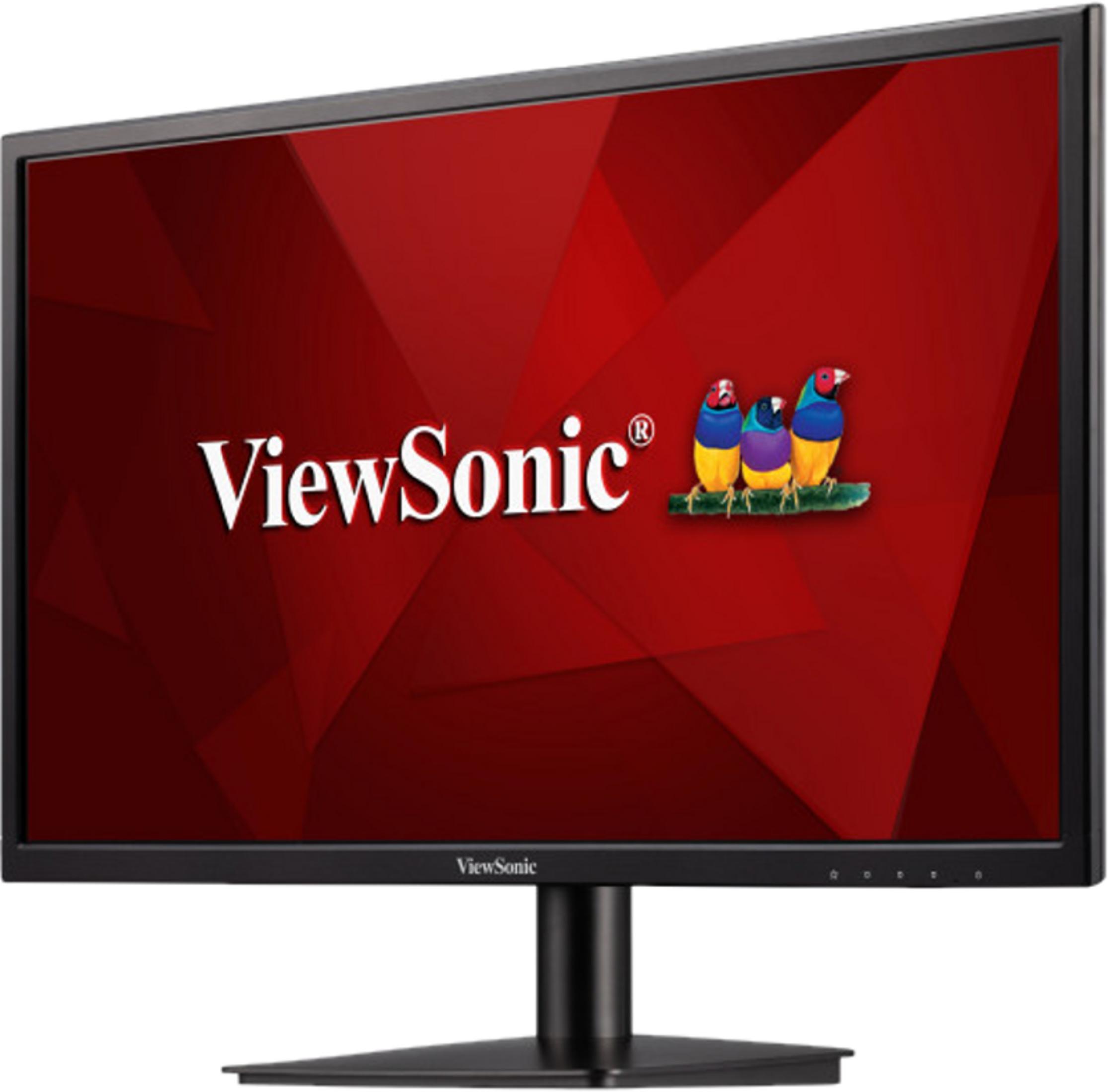 Ein schwarzer Monitor zeigt das ViewSonic-Logo und drei bunte Vögel auf einem Ast.